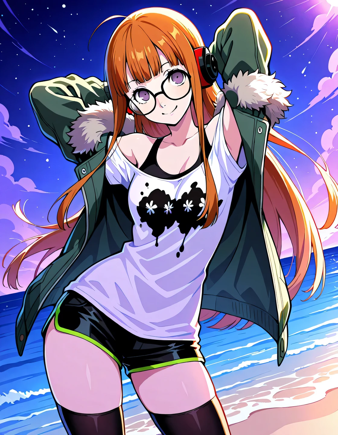 p5futaba, sakura futaba, long hair, glasses, blunt bangs, orange hair, ahoge
p5-futaba-winter, behind-the-head headphones, fur-trimmed jacket, green jacket, shirt, white tank top, off shoulder, bare shoulders, black shorts, black thighhighs, shiny skin, high quality, solo, night sky, beach, arms behind head, ((contrapposto)), closed mouth, cowboy shot, looking at viewer, smile, best quality