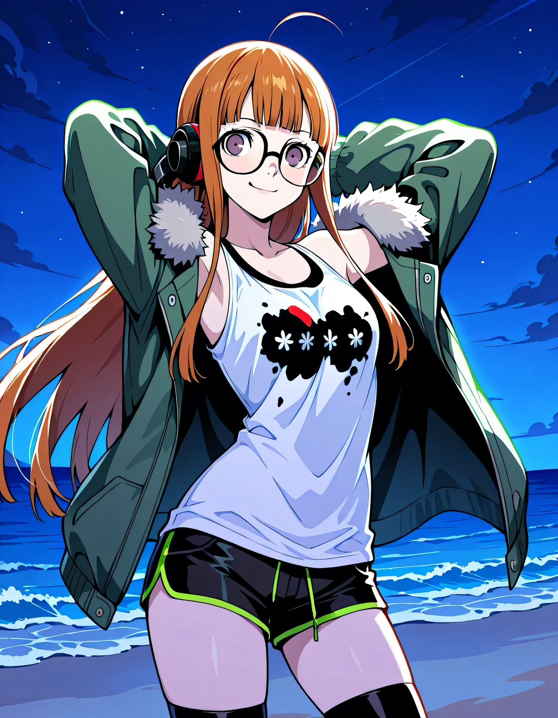 p5futaba, sakura futaba, long hair, glasses, blunt bangs, orange hair, ahoge
p5-futaba-winter, behind-the-head headphones, fur-trimmed jacket, green jacket, shirt, white tank top, off shoulder, bare shoulders, black shorts, black thighhighs,  shiny skin, high quality, solo, night sky, beach, arms behind head, ((contrapposto)), closed mouth, cowboy shot, looking at viewer, smile, best quality