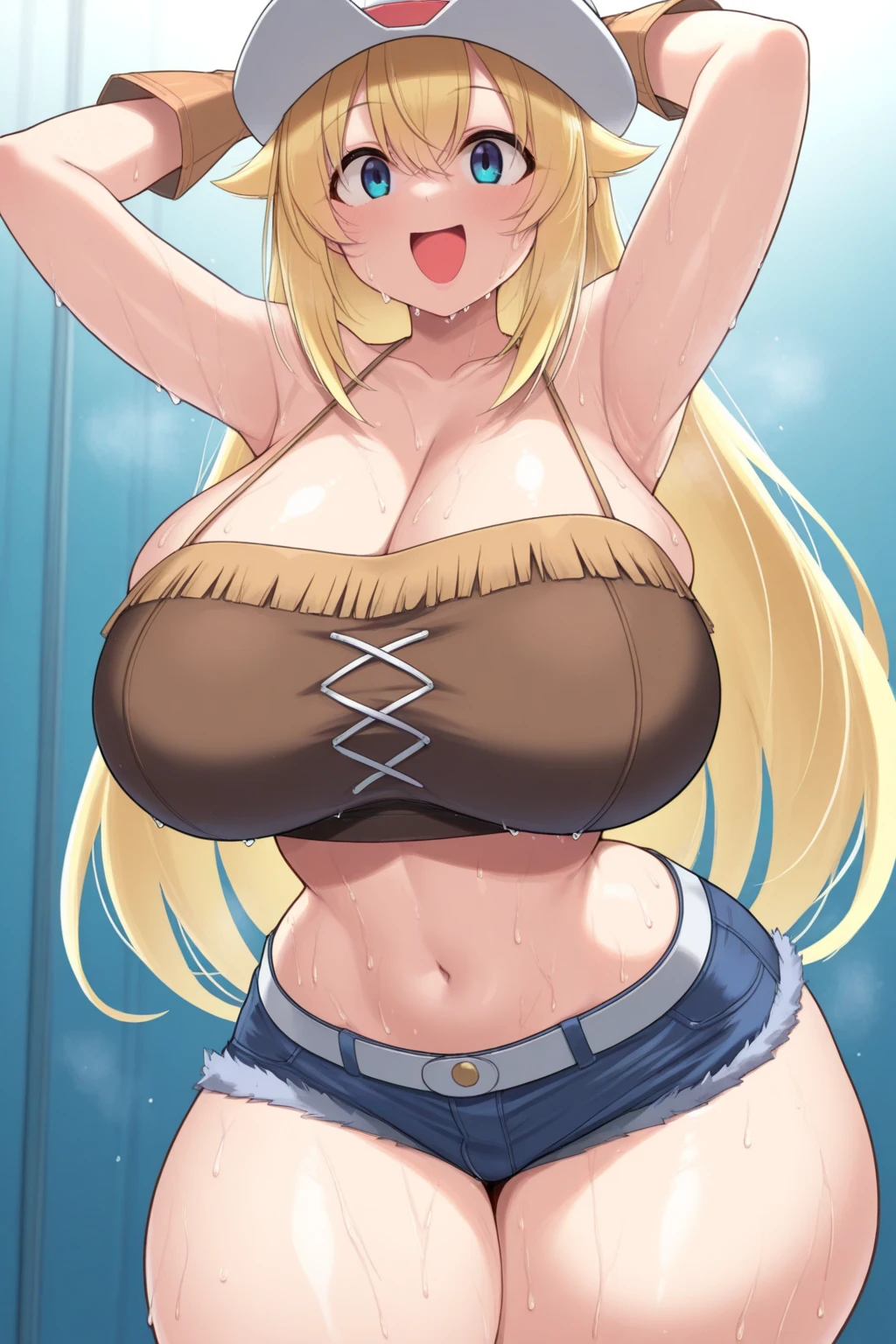 Very detailed、highest quality、Best image quality、masterpiece、8k、Sparkling blue eyes、Anime Face、A kind smile、(Open your mouth)、(Blonde long hair)、(SFW Giant:1.5)、(Big Tits:1.3)、ckundies、Cowboy Shot、(Thong)、(highleg)、(Muscles of the whole body)、(necklace)、(topless:1.5)、(NSFW:1.3)、(underwear), panties,  black panties