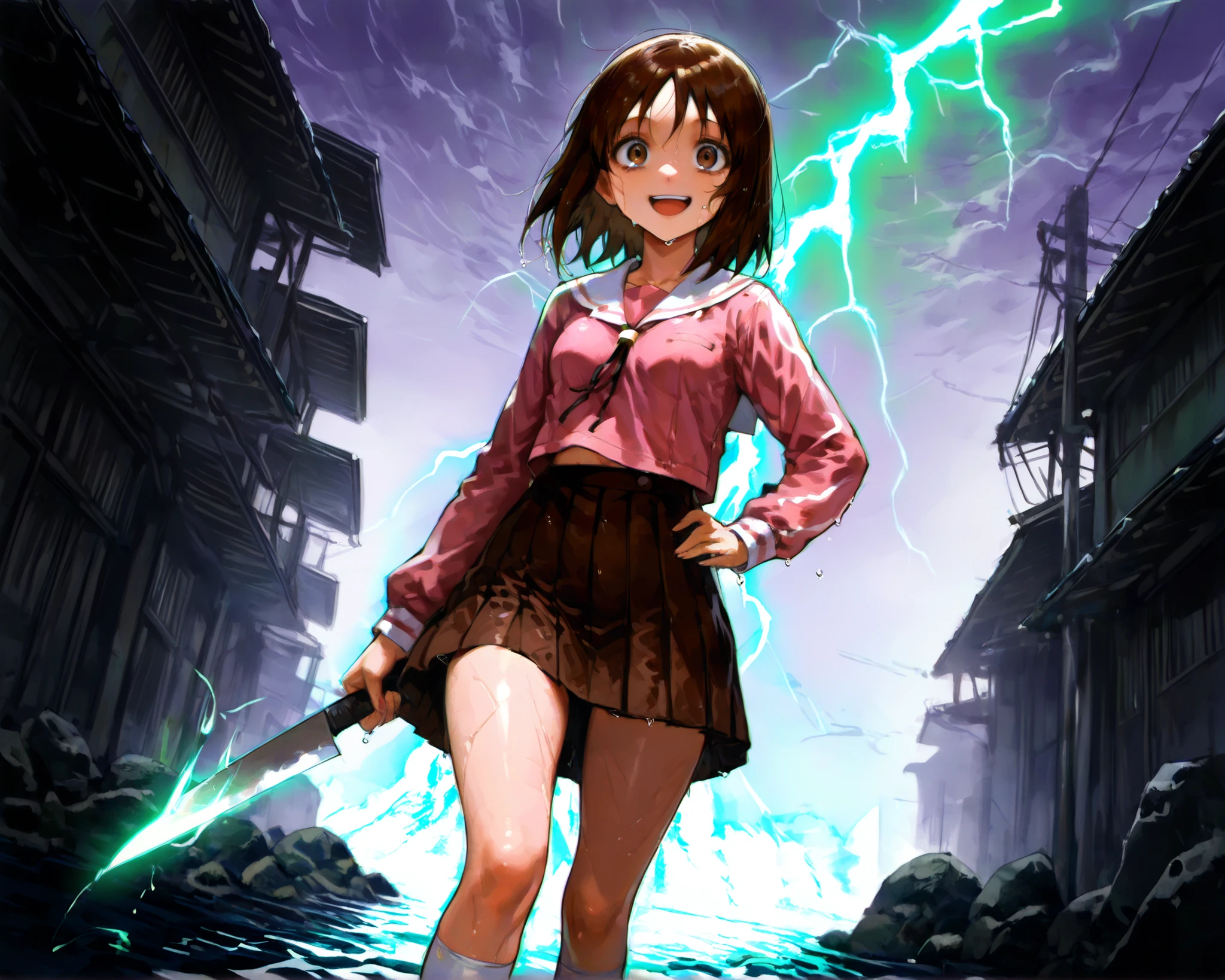 Osaka \(azumanga daioh\) kasuga ayumu a girl standing in a stormy environment, holding a glowing weapon, with a playful smirk; her knife floats just above her palm, with lightning striking in the background. the image also shows a dark, stormy sky with purple and blue hues, and a city skyline in the distance. on the middle of the image, Big expressive eyes, wet hair strands, a 1girl, who appears to be in her early twenties, with long brown hair and a happy expression, is standing with her hands on her hips, looking directly at the viewer. she is wearing a pink long-sleeved shirt, a brown pleated skirt, and white knee-high socks. her eyes are wide open, and she has a small smile on her face. her body is slim and she is standing on a rocky outcrop. the lighting is dramatic, with a bright green glow emanating from her weapon. 1girl, solo, unrivaled beauty, petite build, open mouth, small breasts, brown hair, brown eyes, big eyes, serafuku, school uniform, whole body, slim hips, slim figure, choppy bangs, dramatic angle, grimdark,horror, clothing texture, detailed eyes, beautiful face, beautiful girl, beautiful body, beautiful hair, Masterpiece, very aesthetic, perfect composition, ((detailed eyes)), (highly detailed), ((Best quality :1.2)),((Detailed :1.5)),((Detailed background :1.5)). (HD eyes:1.4), ((4k,8k,Ultra HD)), {perfect body}, (oldschool style), retro artstyle, 2000 style,