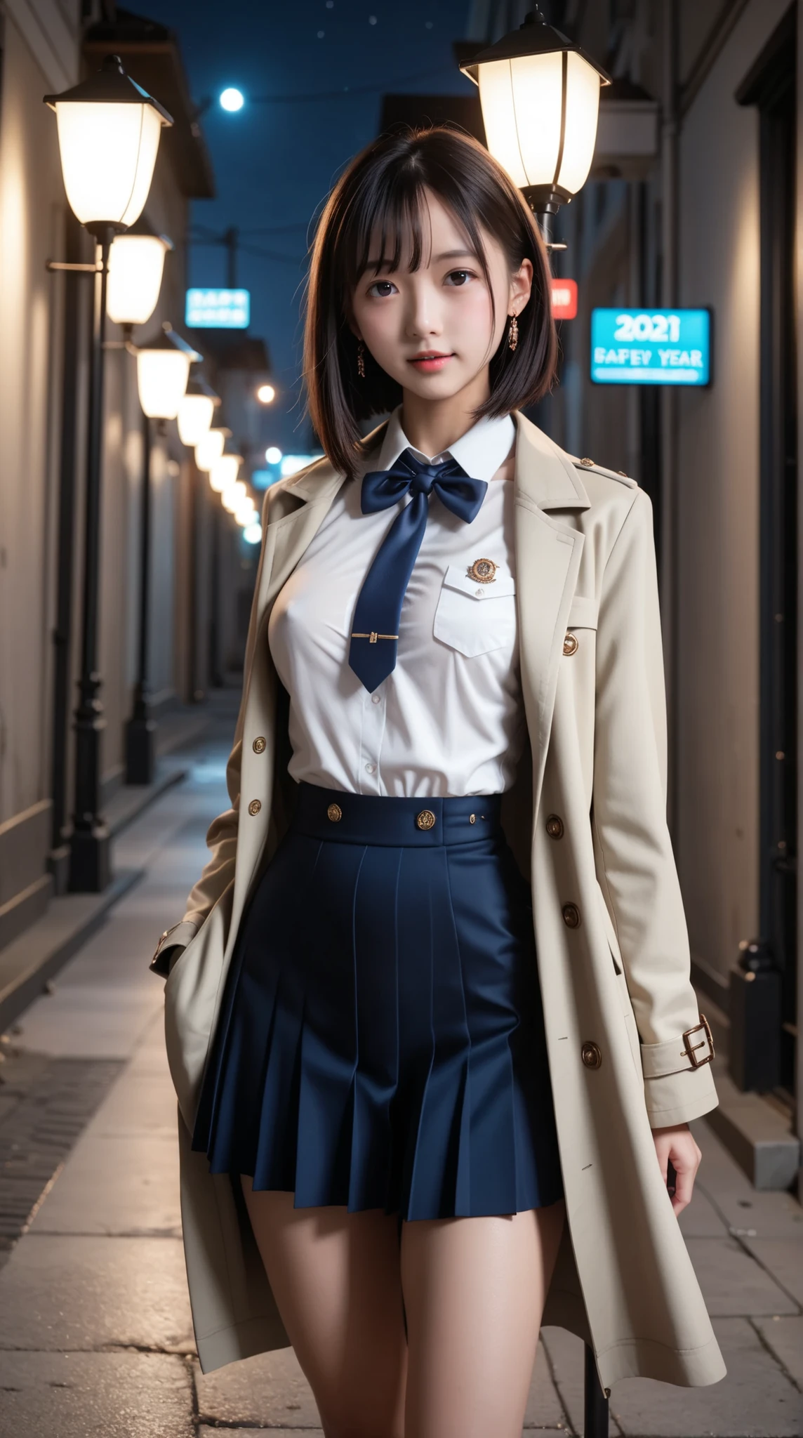 ((Female middle school student wearing a long trench coat over a uniform)), ((Babyface:1.4, 14-year-old face:1.3)), Open Court, slender body, Beautiful Breasts, Tight Waist, short pleated skirt, thin thighs, Beautiful legs, back alley at night, Street lamp, Natural lighting, Dangerous Night Road