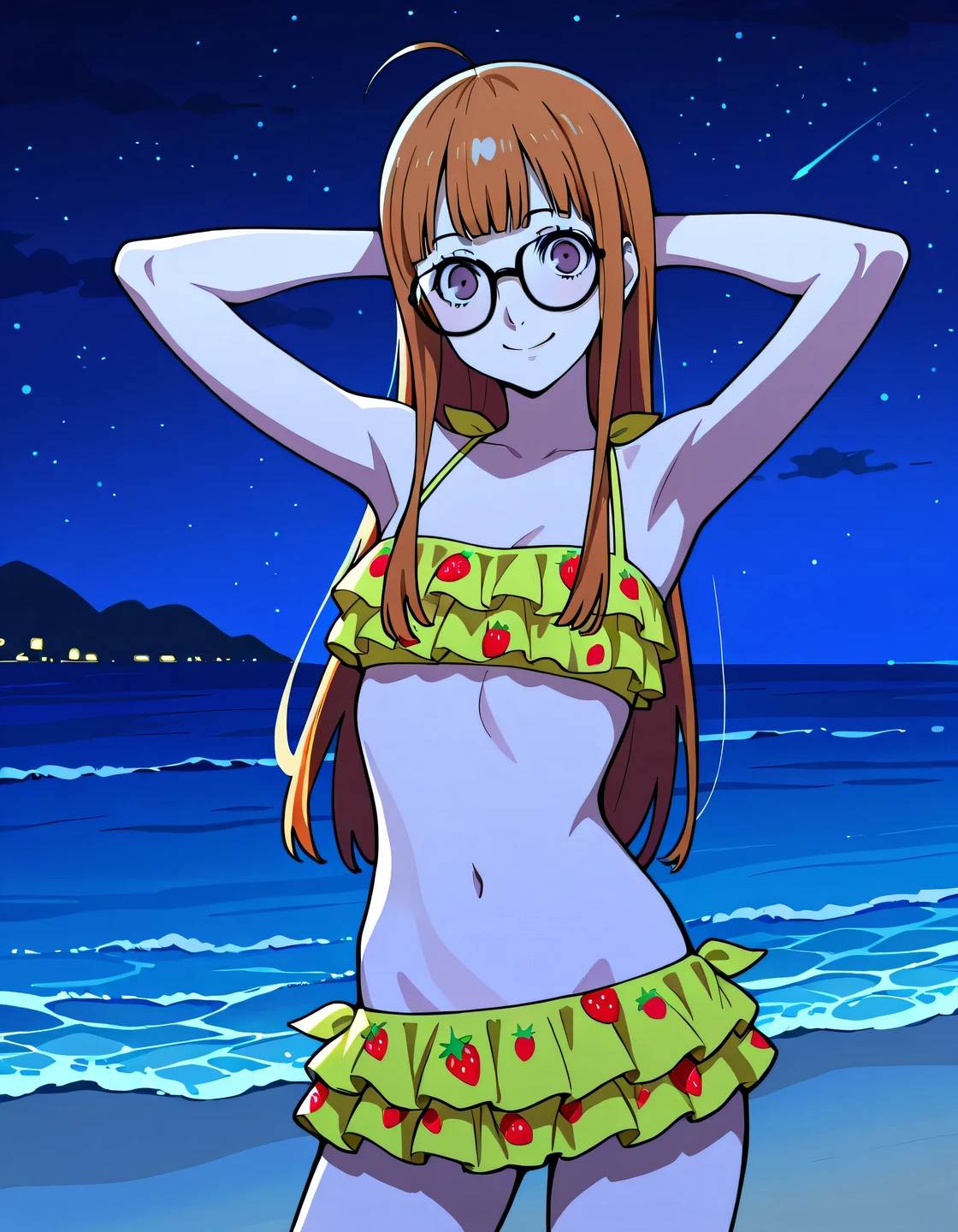 p5futaba, sakura futaba, long hair, glasses, blunt bangs, orange hair, ahoge,
p5futaba-swim, small breasts, swimsuit, frilled bikini, yellow bikini, bikini skirt, red strawberry pattern, high quality, solo, night sky, beach, (hands behind head), ((contrapposto)), closed mouth, cowboy shot, looking at viewer, smile, best quality