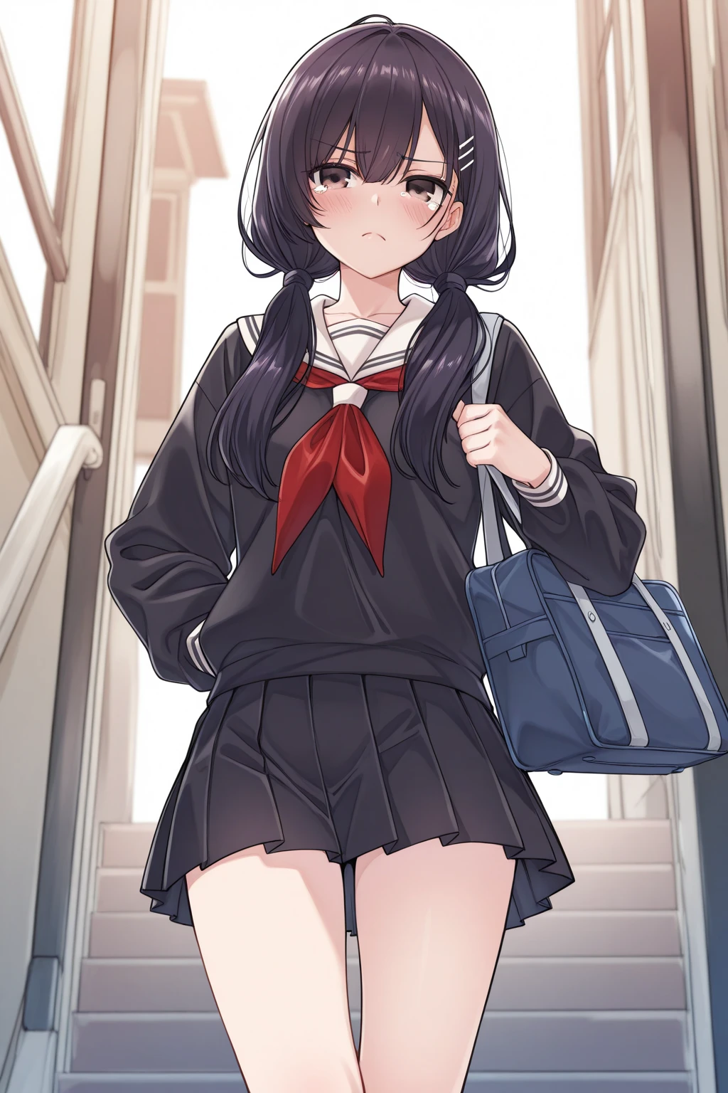 A woman with very long black hair and (very long bangs:1.5), wearing a  and skirt, blazer, pantyhose, standing. The artwork is inspired by manga and incorporates a doujin style. The woman appears to be (wetting herself:1.5), which causes her to feel embarrassed and humiliated, resulting in a blush on her face. In addition, there is an air of anger in her expression. The lighting in the scene is moody, with a spotlight highlighting the woman's figure. She is crossing her arms, arms crossed, fully showcasing her skirt., ?????????????