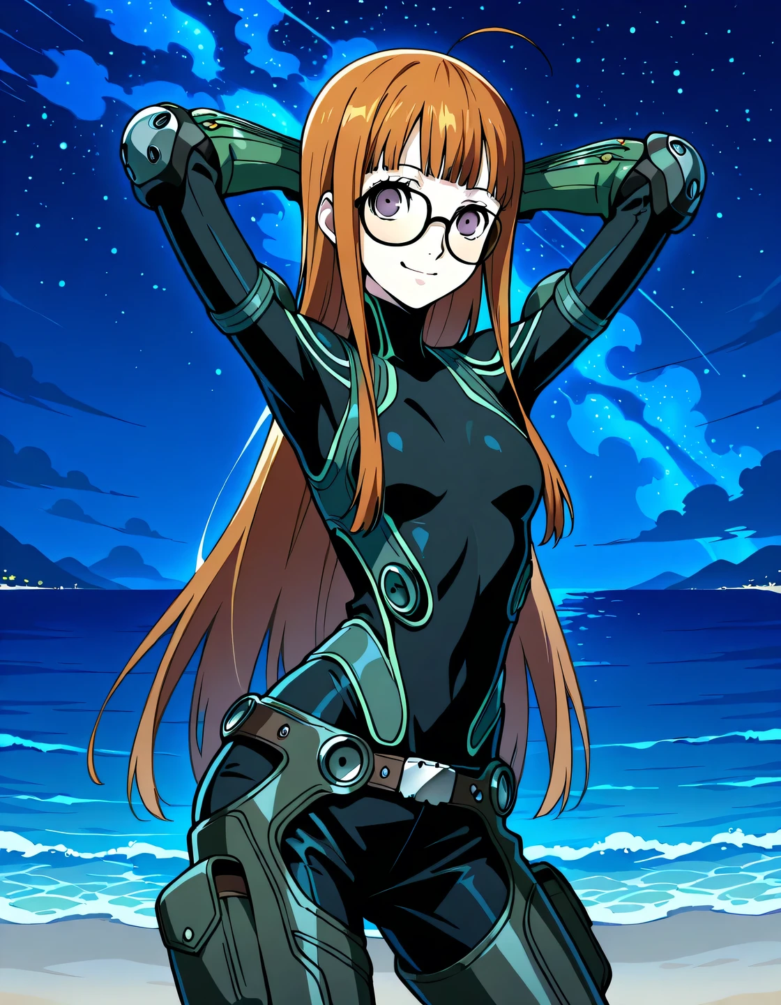 p5futaba, sakura futaba, long hair, blunt bangs, orange hair, ahoge,
p5futaba-oracle, black bodysuit, gloves, green gloves, belt, knee pads, shiny skin, high quality, solo, night sky, beach, (hands behind head), ((contrapposto)), closed mouth, cowboy shot, looking at viewer, smile, best quality