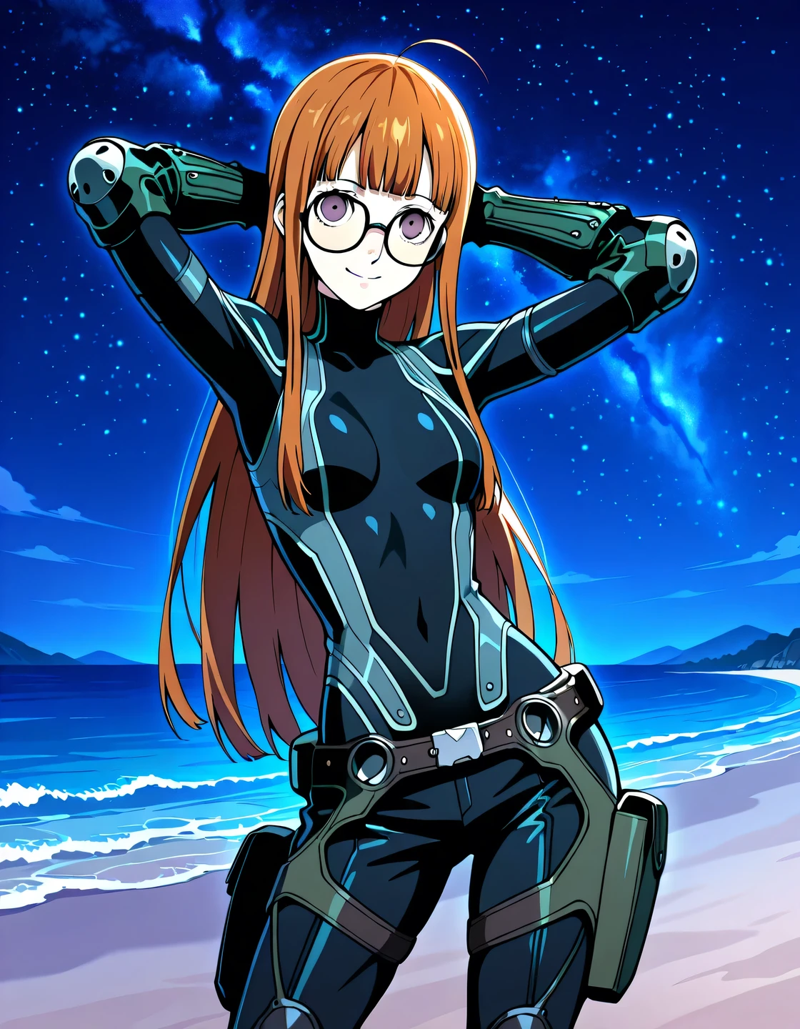 p5futaba, sakura futaba, long hair, blunt bangs, orange hair, ahoge,
p5futaba-oracle, black bodysuit, gloves, green gloves, belt, knee pads, shiny skin, high quality, solo, night sky, beach, (hands behind head), ((contrapposto)), closed mouth, cowboy shot, looking at viewer, smile, best quality