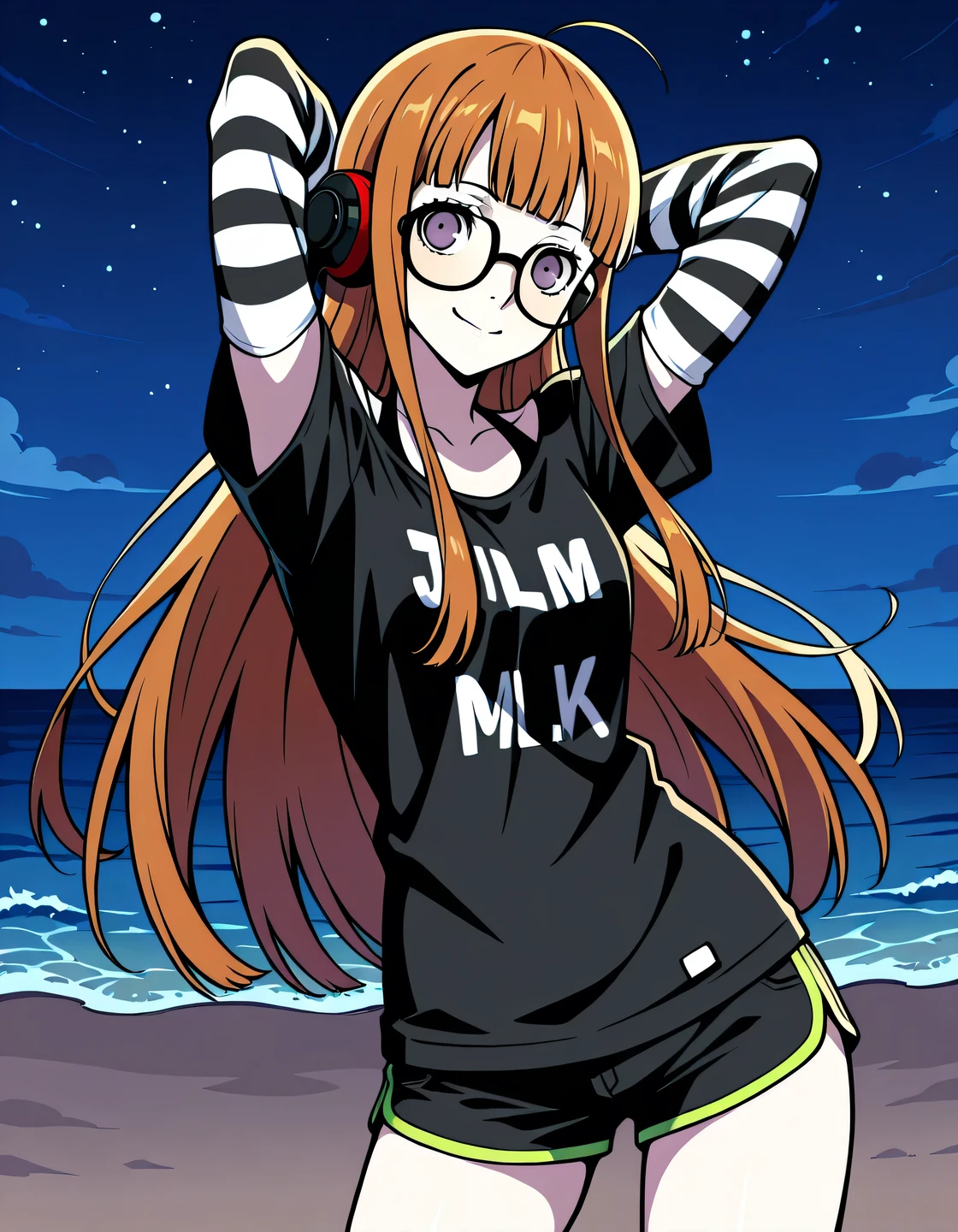 p5futaba, sakura futaba, long hair, glasses, blunt bangs, orange hair, ahoge,
p5futaba-lounge, black shirt, striped sleeves, behind-the-head headphones, jlmk!, black shorts, short shorts, shiny skin, high quality, solo, night sky, beach, (arms behind head), ((contrapposto)), closed mouth, cowboy shot, looking at viewer, smile, best quality