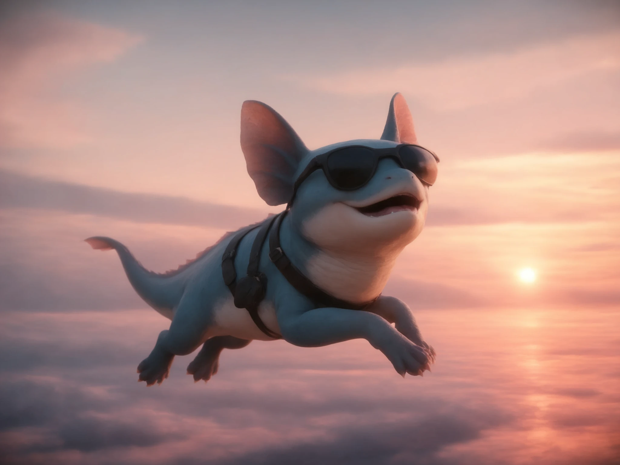 Character fuli lays on the black leather seat of a first class airline cabin, a blue nylon belt rests over his abdomen, he has the strap in his mouth as he grins, mid air photo on an airliner, 3D photography, sunset outside over ocean, cinema4D lighting effects