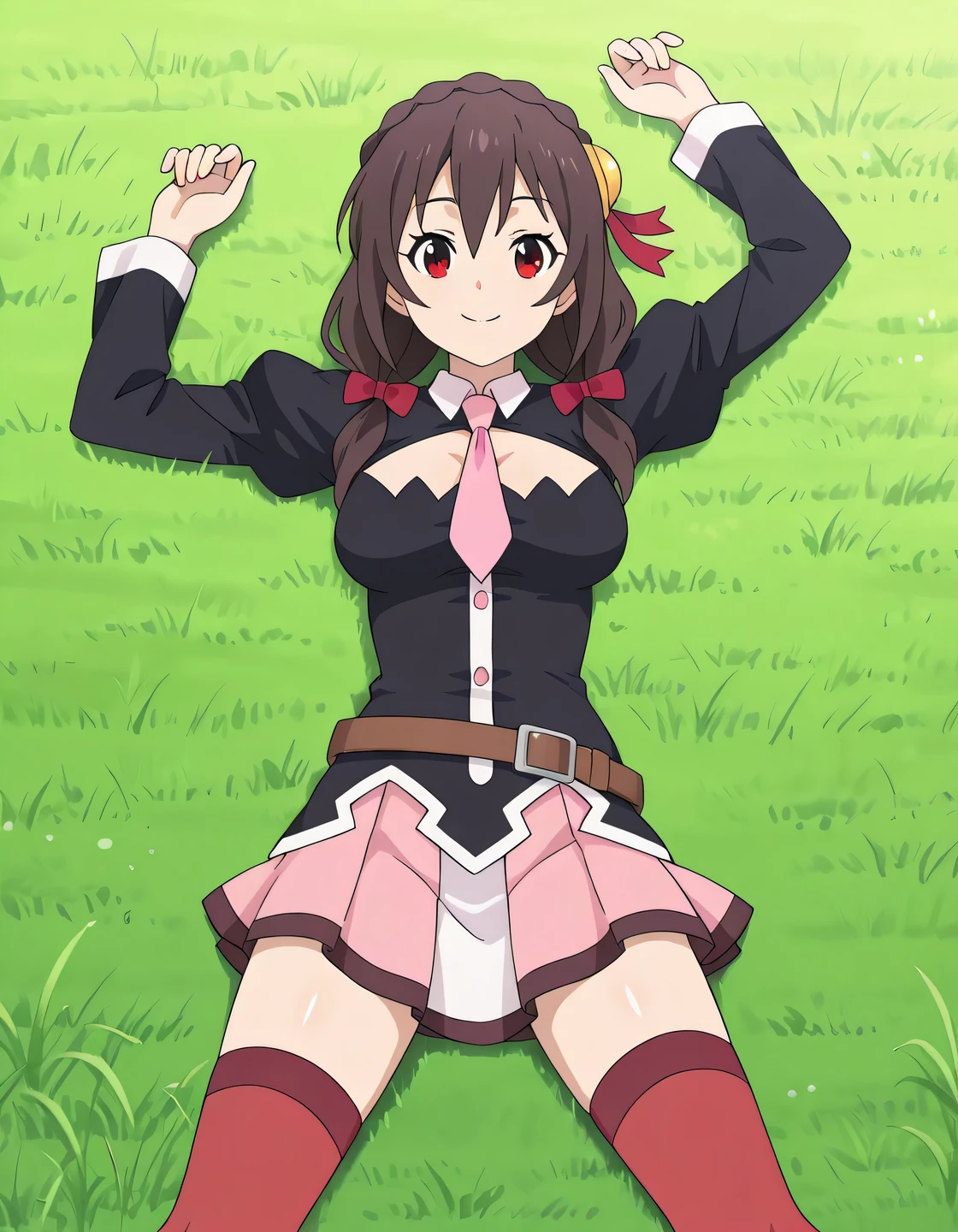 Yunyun-Liver020,
outfit 1, outfit1
red eyes, brown hair, pink necktie, red thighhighs, long hair, black shirt, large breasts, pink skirt, white skirt, brown hair, black hair, long sleeves, hair ornament, red eyes, thighhighs, bow, ribbon, hair between eyes, twintails, braid, hair bow, pleated skirt, brown boots, puffy sleeves, brown belt, miniskirt, red bow, clothing cutout, cleavage cutout, juliet sleeves, pink skirt, crown braid, anime screencap, shiny skin, high quality, solo, lying, on back, arms up, legs apart, closed mouth, on grass, cowboy shot, smile, looking at viewer, best quality