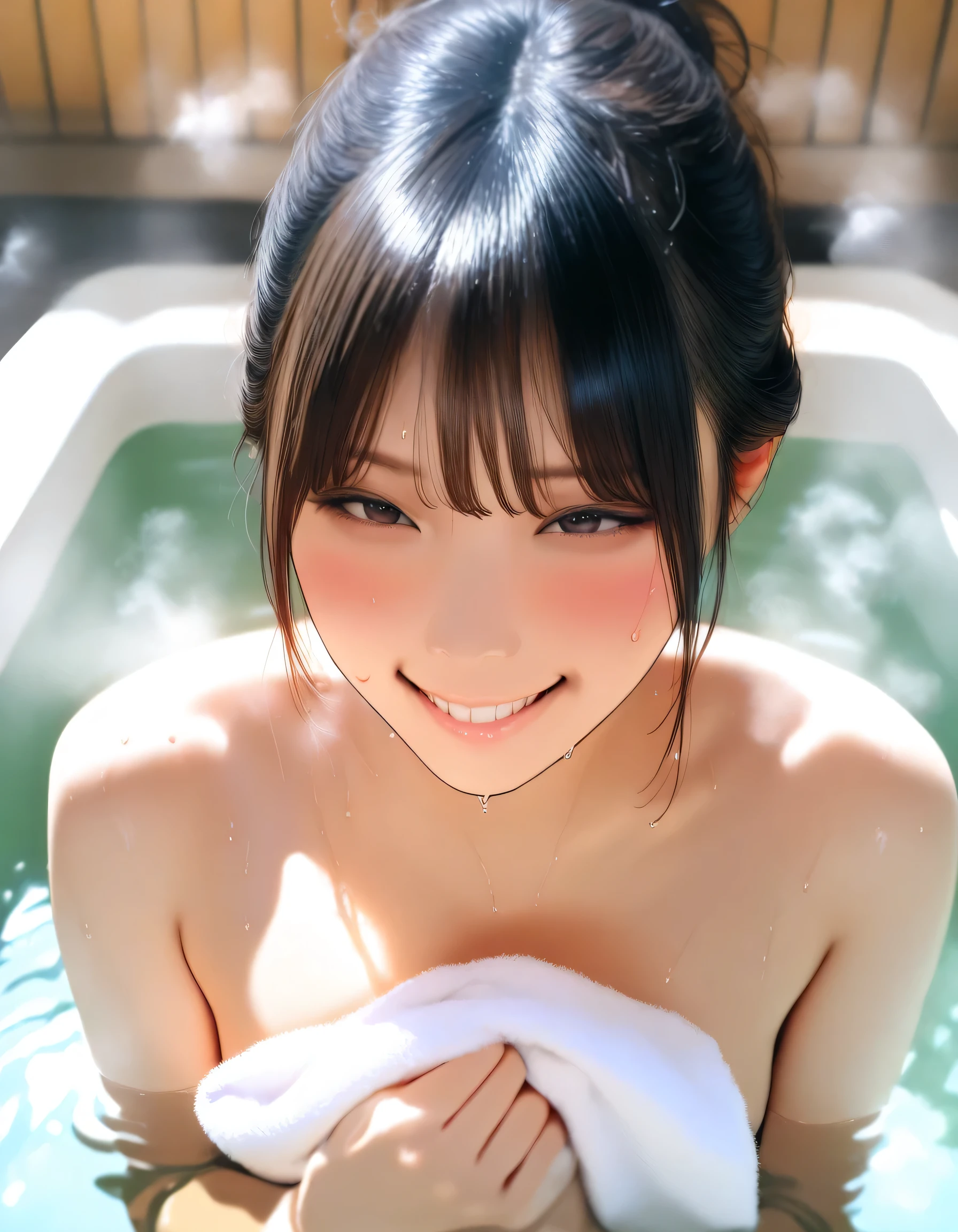 1girl, public bath, nude, towel, smile, embarrassed, sweat, steam, Ultra detailed, realistic, photorealistic, masterpiece, high score, great score, absurdres