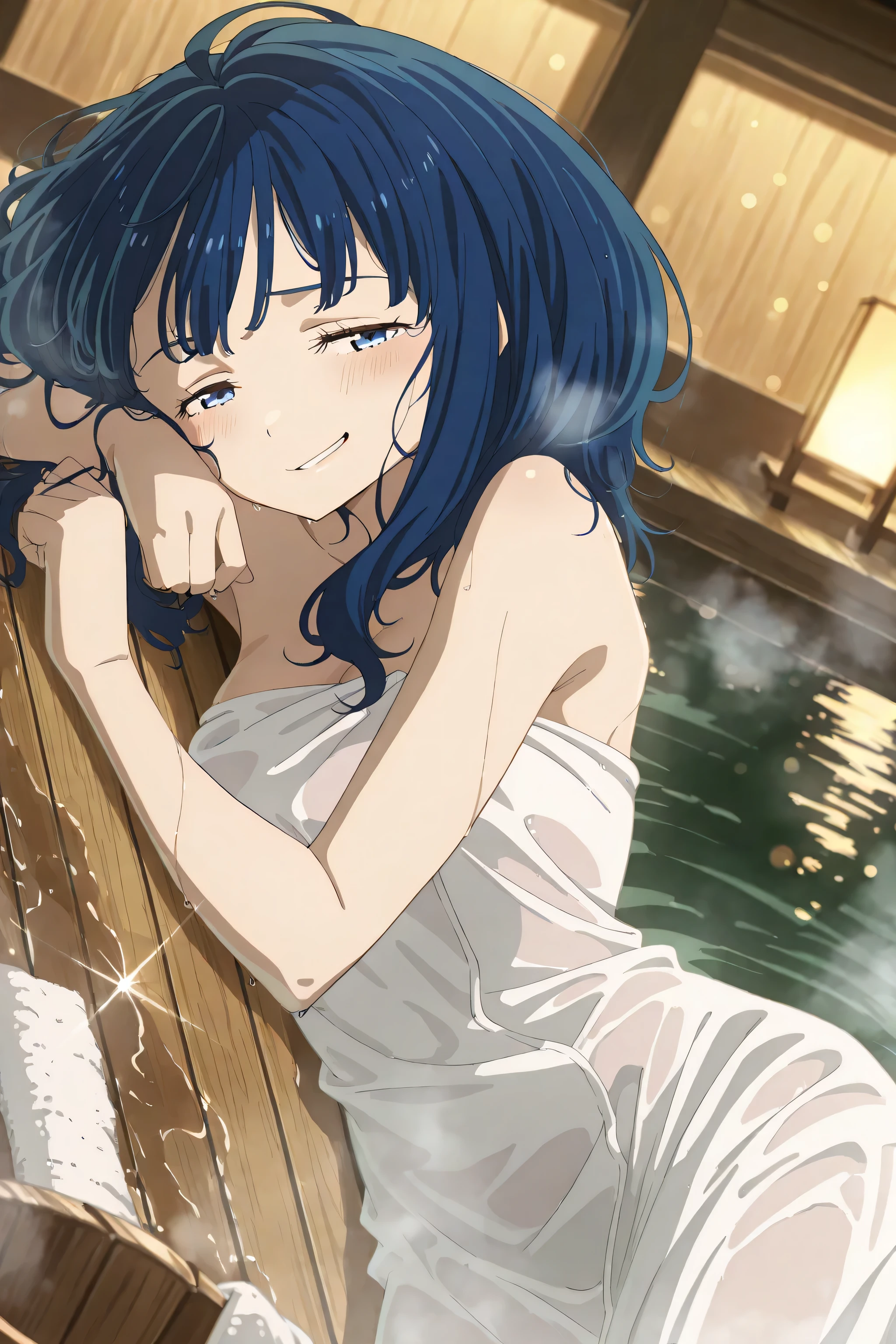 Open air bath,onsen,
Bath towel wrap,
Lying, on side,
smirk,orgasm,
Masterpiece, high score, great score, absurdress 1 girl, blush, hair with water on it, see-through,
anna-default, yanami anna,yanamianna, blue eyes,blue hair,medium hair,steam,
extremely detailed, Volumetric lightin, Bokeh,
BREAK, (glint:1.2) Cowboy Shot,