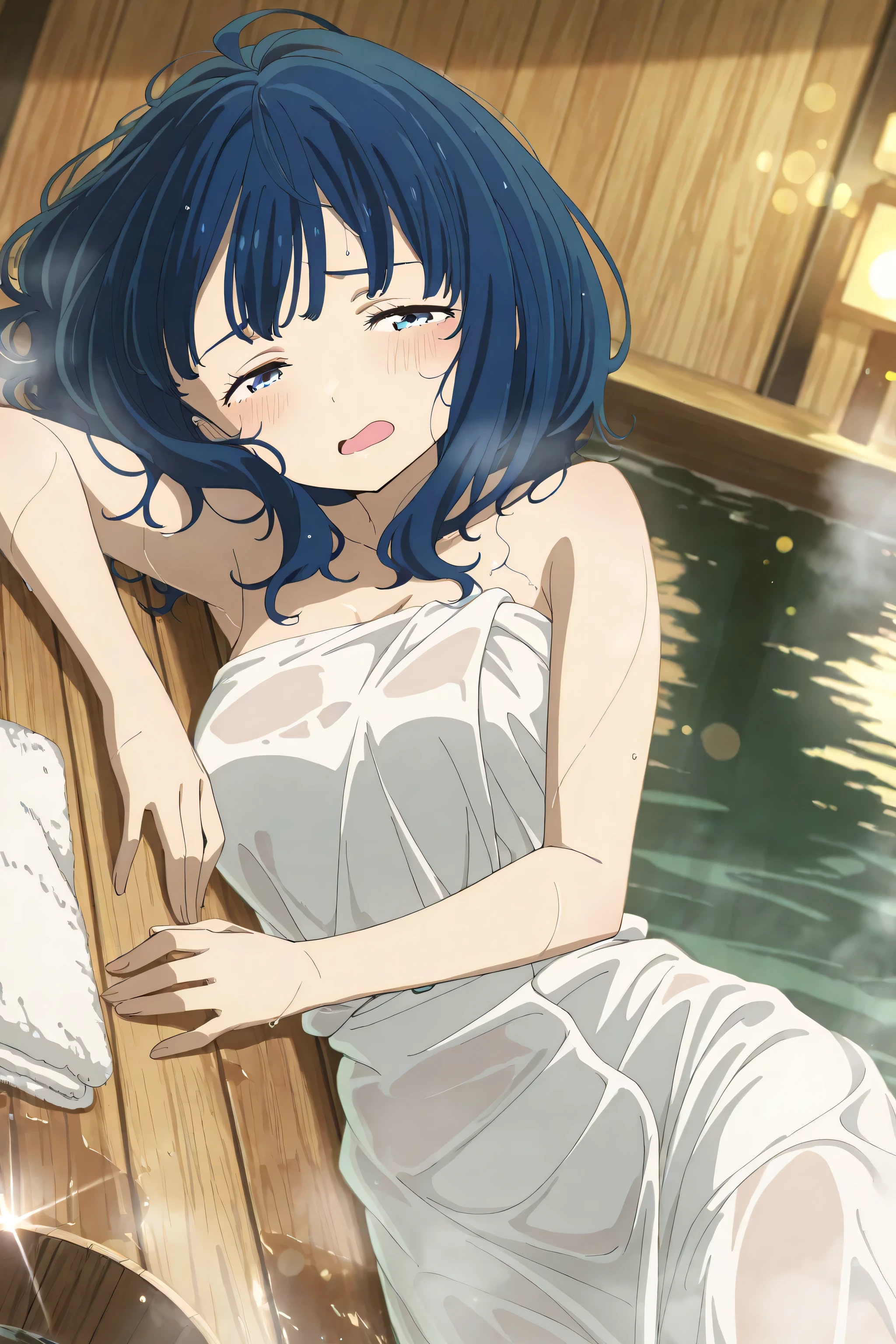 Open air bath,onsen, Bath towel wrap, Lying, on side,orgasm, Masterpiece, high score, great score, absurdress 1 girl, blush, hair with water on it, see-through, anna-default, yanami anna,yanamianna, blue eyes,blue hair,medium hair,steam, extremely detailed, Volumetric lightin, Bokeh, BREAK, (glint:1.2) Cowboy Shot,