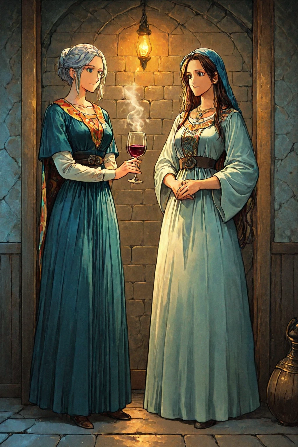 a woman and a girl pass a luxurious glass from one to another happy, joy, medieval village in landscape view (art inspired by Brian Froud and Carne Griffiths and Wadim Kashin, intricate details, oil painting)
