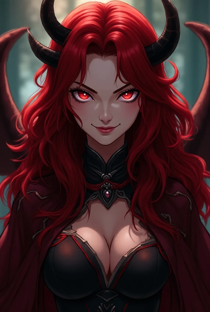 (best quality,4k,highres,masterpiece:1.2),ultra-detailed,vibrant colors,realistic,horror,portrait:1.1,a beautiful and alluring vampire woman with large bat wings, flowing red hair, and mesmerizing red eyes, revealing neckline, night, cityscape, blood, eerie lighting, big 