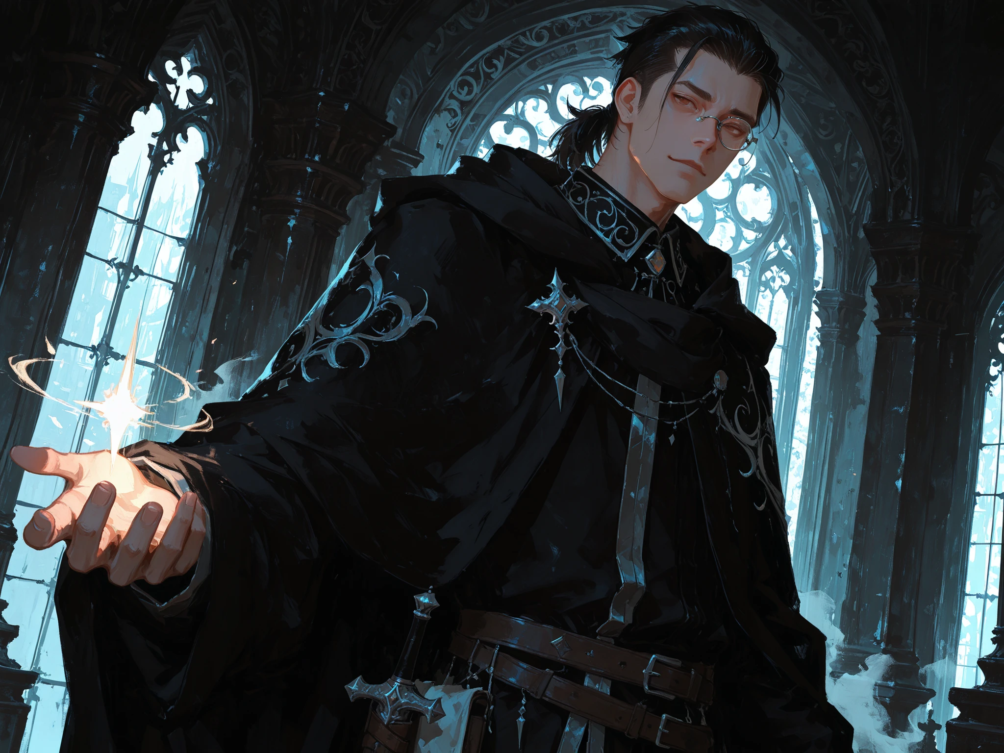 upper shot, dutch angle, looking at viewer, makes an aesthetic, Master piece, Best Quality, ultra detailed, a handsome man, (man:1.5), solo, male short Hair, black hair, male slicked back hair, male low pony-tail, squinting, light smiling, male beautiful brown eyes, toned, fantasy-style black clothing with mao-collar, cloth with silver pattern, black cloak, monocle, a magical book under arm, teaching magic, fantasy-style royal hall in background, twilight