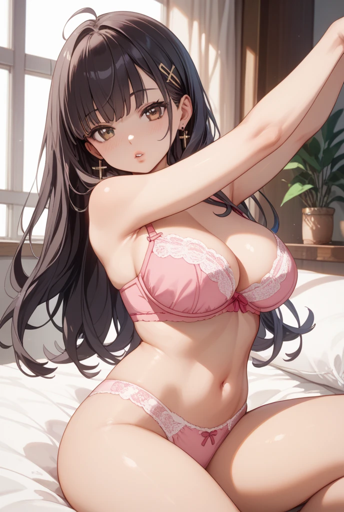 ((pieces fly, highest quality, High resolution, nffsw, perfect pixel, 4k, nffsw, nffsw))), 1 girl, single, alone, Beautiful woman、I can see the whole body、 ((straight hair, bangs, black hair)), ((brown eyes, beautiful eyelashes, realistic eyes)), ((detailed face, blush:1.2)), ((smooth texture:0.75, realistic texture:0.65, realistic:1.1, Anime CG style)), ??????????????, dynamic angle, perfect body, ((not wearing shoes、Kamimei、smile、smileが可愛い、fun expression)), bright place、There are fewer shadows、　(see through ???????、open both ????????? your knees wide、Reach out and grab the bed sheets）、Shiny light pink floral panties、Shiny light pink floral bra、