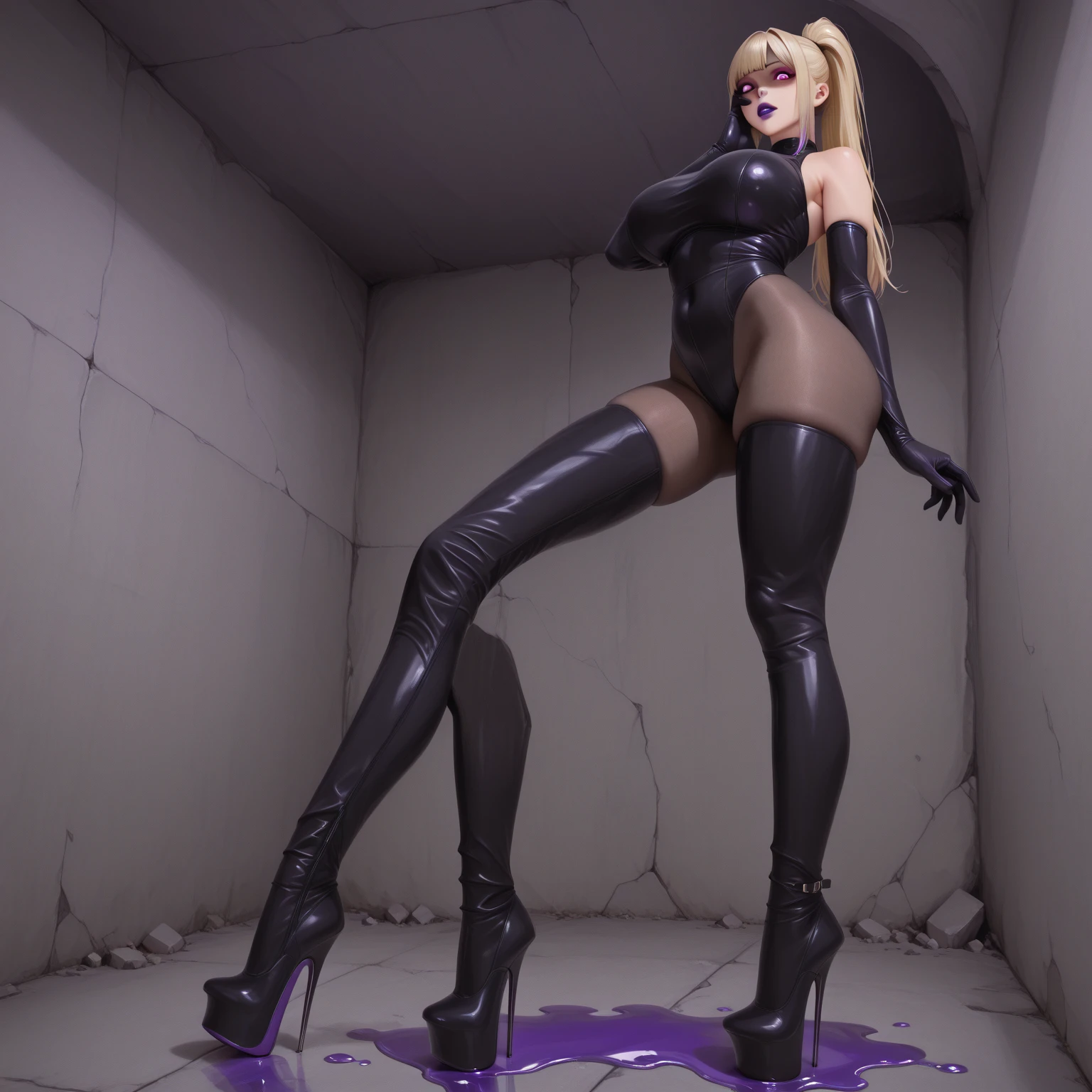 Wondergirl, 30 years old, inside the sewer, with arms tied behind the back, in high-heeled shoes, hopeless, humiliated, in despair, crying, with a collar around her neck, with a swimsuit, with accessories of a maid, with a white fishnet stockings, garter belt, with your urine running down your legs.