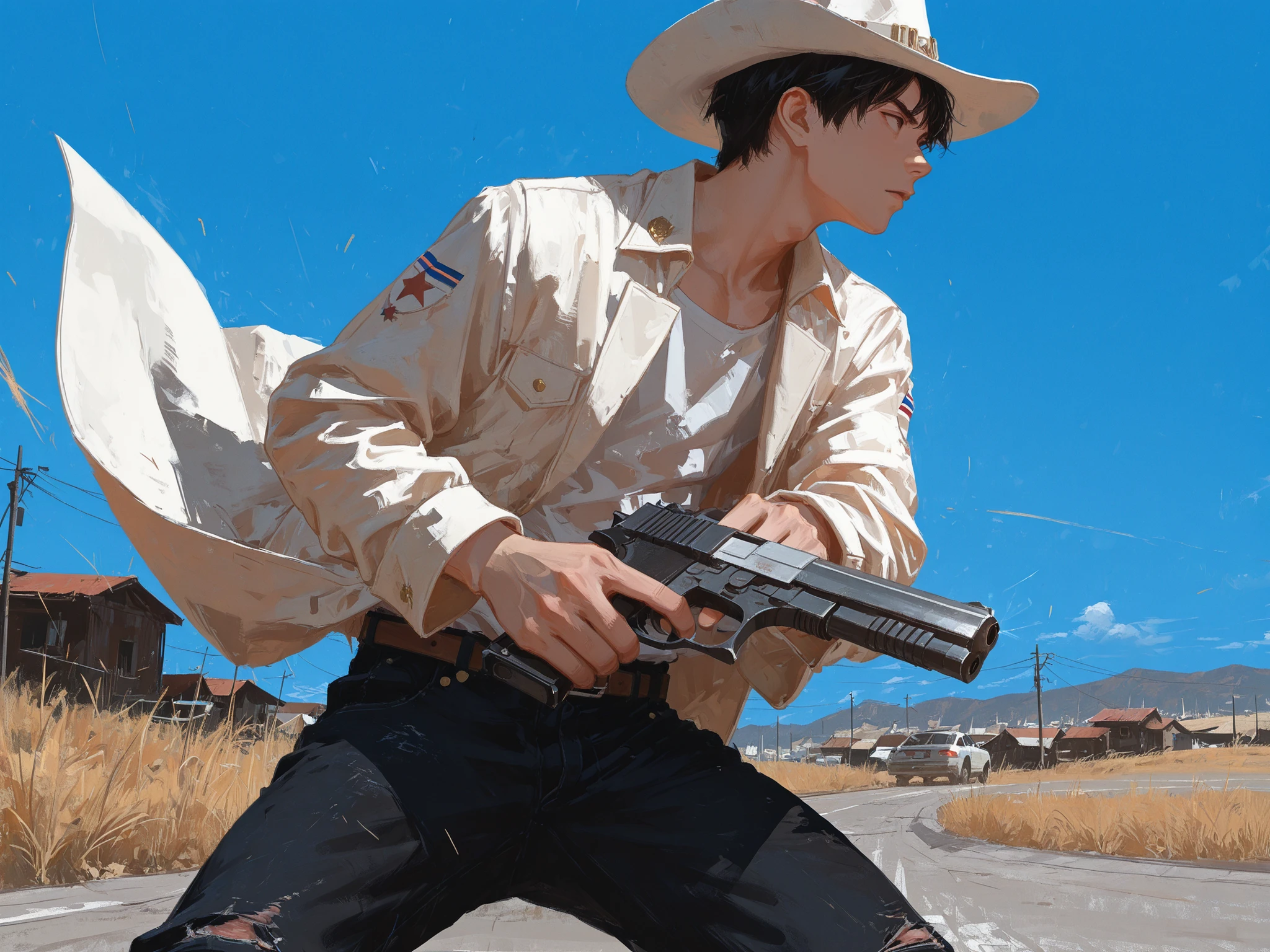 medium shot, side shot, makes an aesthetic, Master piece, Best Quality, ultra detailed, front shot, looking away, a handsome man, (man:1.6), solo, male short black hair, male caesar cut, toned, white gunman costume, white cowboy hat, black denim pants, holding handguns, dual wielding, action pose, (early American style:1.3) streets, blue sky, wind,