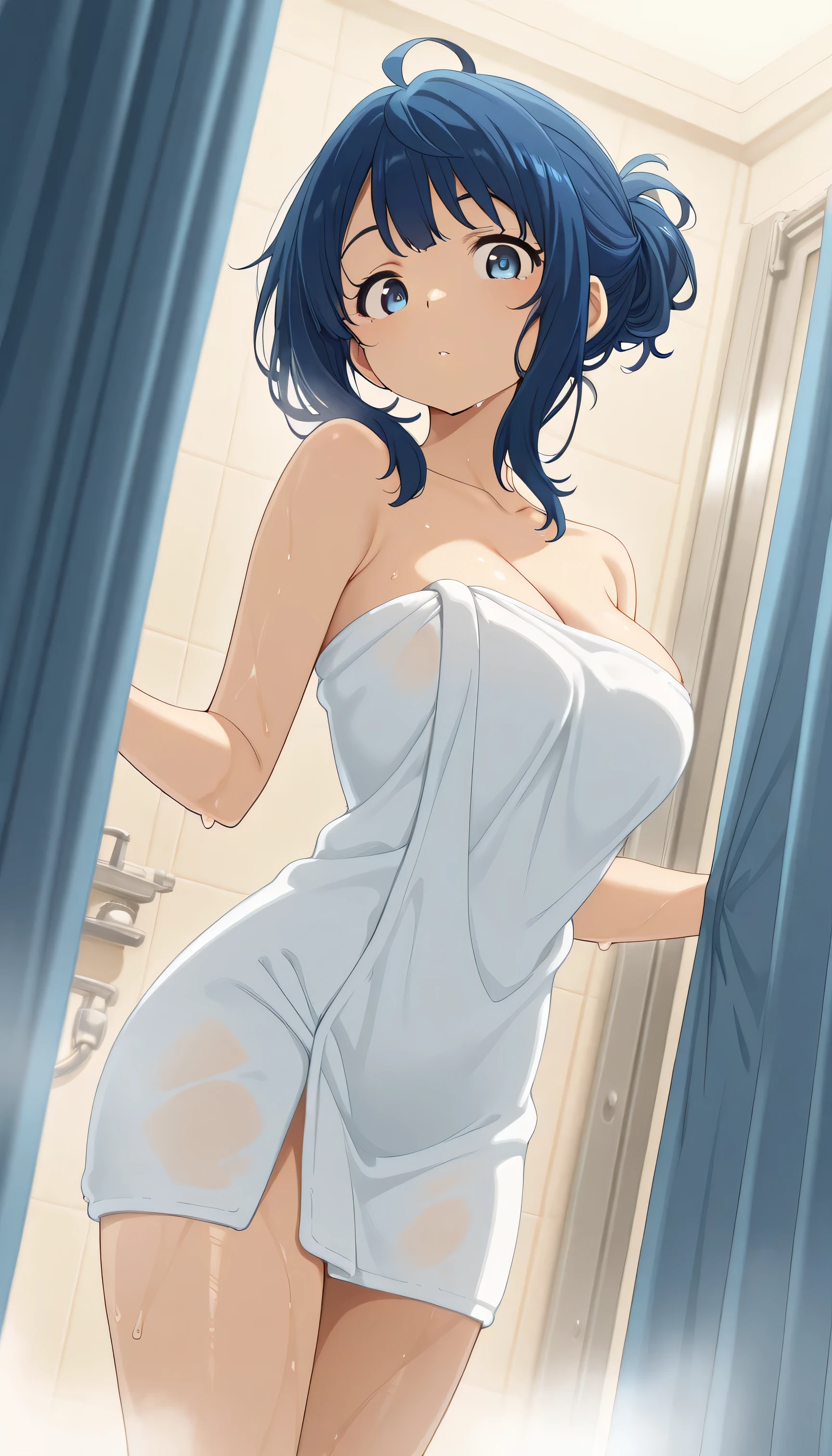 masterpiece, best quality, amazing quality,
1girl, blue hair, medium hair, blue eyes, ahoge, steam, bathroom, curtain, tied hair, looking at viewer, from below side, breasts,wet,naked towel, dutch angle, collarbone, cleavage, standing,thighs,
anna yanami (makeine),