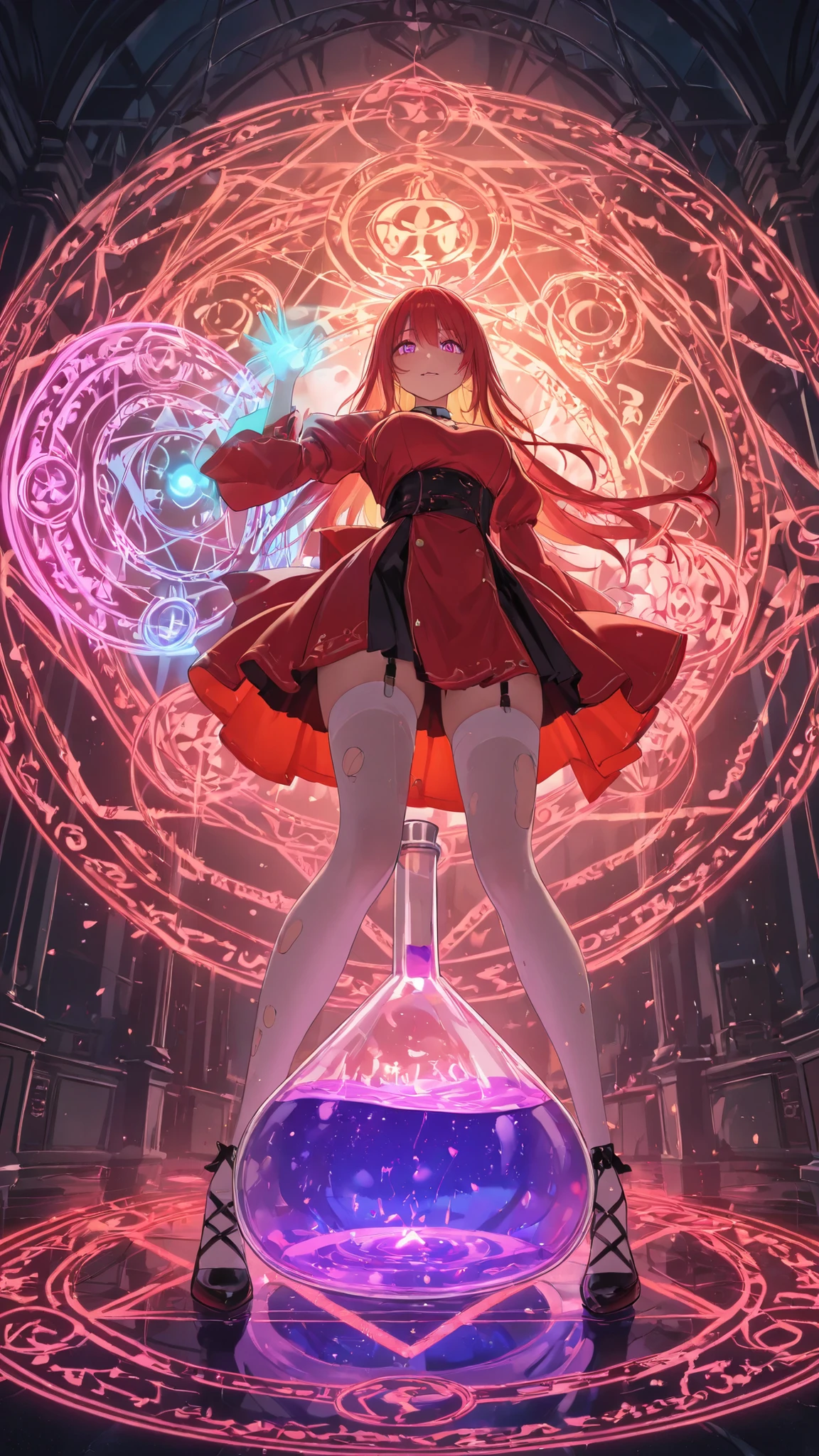  masterpiece, high resolution, Beautiful girl in magic style,  inside a dirty triangular flask, Immersed in liquid, Homunculus,   Magic Circle , hologram,  perfect beautiful girl ,  red clothes, Illuminated from within,  colorful image of a glowing woman in the glass continuing to stare at the viewer , Laughter,  3d rendering , perspective,  is amazing画像,  Impressive lighting,  is amazing, Dangerous, monstrous
