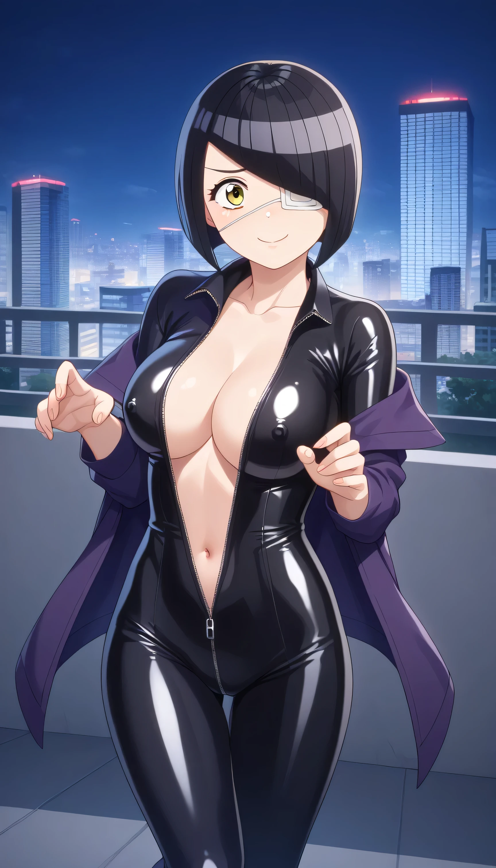 1girl, standing, jojo pose, long legs, BREAK girl, 22yo, omoharu nakanaka, short hair, black hair, yellow eyes, eyepatch, detailed cute eyes, curled eyelashes, (large breasts), beautiful eyes, beautiful face, latex bodysuit, off shoulder, taut clothes, (open front zipper:1.4), cleavage, covered nipples, navel, embarrassed, seductive smile, outdoors, city, rooftop of building, (night, million dollar nightscape), masterpiece, best quality, amazing quality, very aesthetic, absurdres, newest, super detailed, extremely detailed, nsfw, explicit