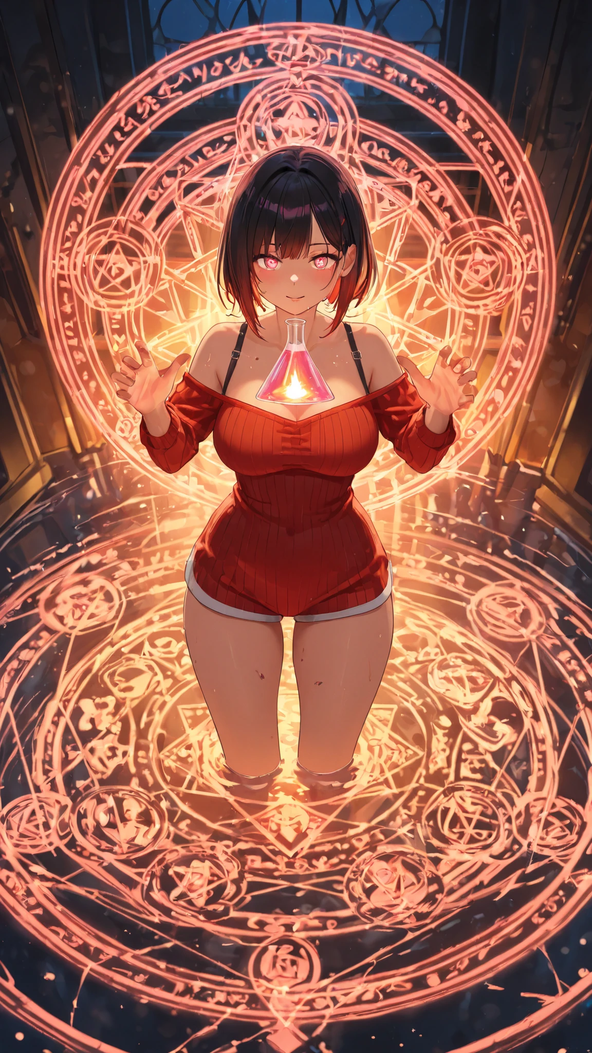  masterpiece, high resolution, Beautiful girl in magic style,  inside a dirty triangular flask, Immersed in liquid, Homunculus,   Magic Circle , hologram,  perfect beautiful girl ,  red clothes, Illuminated from within,  colorful image of a glowing woman in the glass continuing to stare at the viewer , Laughter,  3d rendering , perspective,  is amazing画像,  Impressive lighting,  is amazing, Dangerous, monstrous