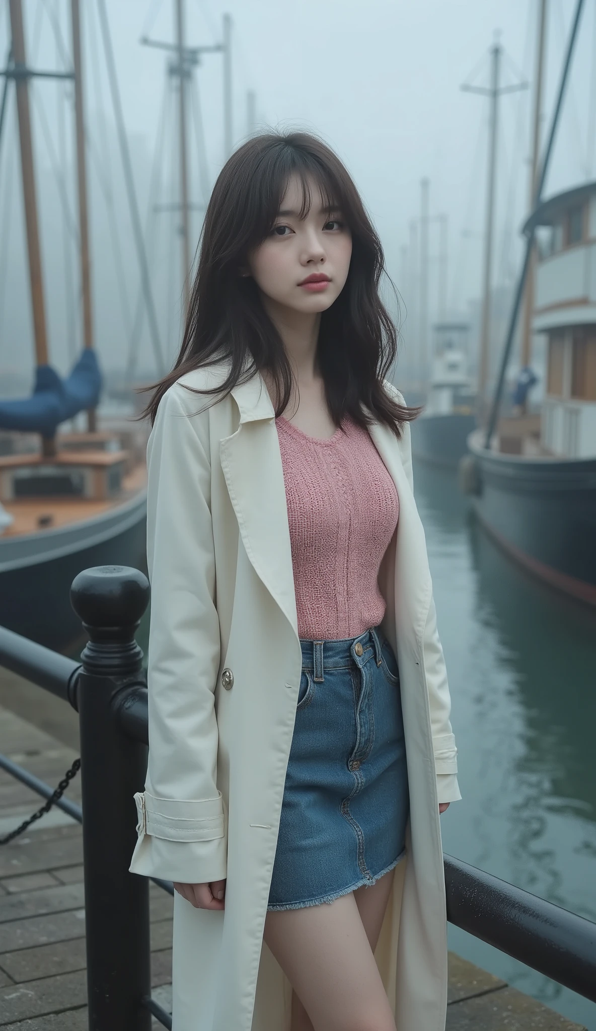 ( 32K High Resolution, Highest Quality, masterpiece, ultra high resolution), Details on all aspects, perfect dynamic configuration, mysterious:1.3, Highly detailed skin and face textures, professional camera work and beautiful focus, Ultra High Accuracy, fog, (Inaccessible atmosphere:0.9, Women are in a white trench coat and a pink knitted sweater and denim tight skirt:1.0, Early Autumn Harbor:1.1), Small Faces, sexy face, Old-fashioned, wonderful, tradition, majestic, training, (big L cup boobs, 55cm waist circumference, 92 cm butt), Romantic, Artistic, mysterious, Object of praise, original, Dramatic, Innovative, charm, Heartful, gorgeous, sense of loss, Special, exciting, Extreme, Mysterious Symmetry