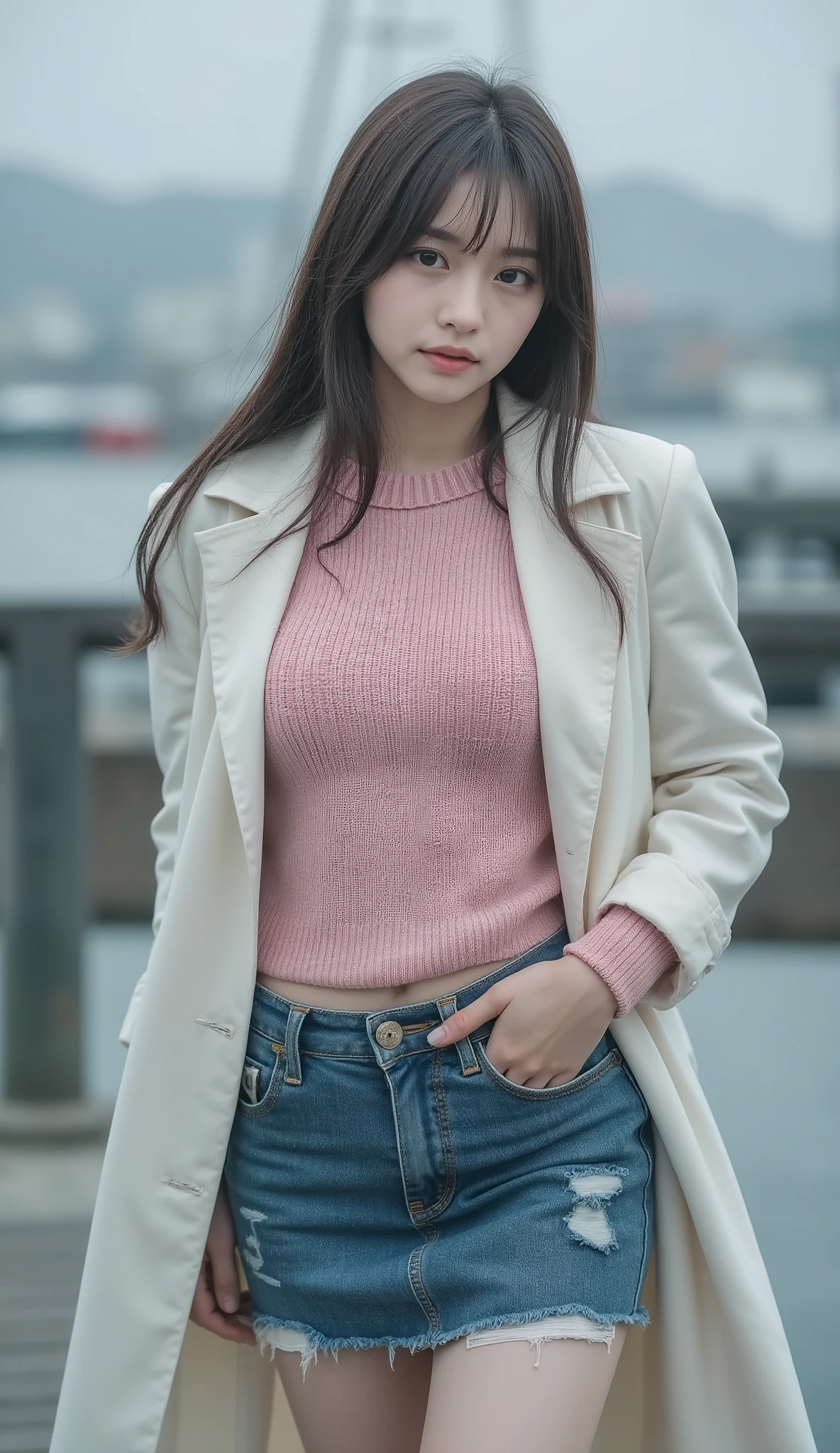 ( 32K High Resolution, Highest Quality, masterpiece, ultra high res), Details on all aspects, Ultimate Perfect Dynamic Composition , mysterious:1.3, Highly detailed skin and facial textures, professional camera work and beautiful focus, Ultra High Accuracy, (fog:0.8, Inaccessible atmosphere:0.9, The woman is wearing a white trench coat and a pink knitted sweater and a denim tight skirt:1.0, Early Autumn Harbor:1.1), small face, sexy face, Old-fashioned, wonderful, tradition, majestic, training, (((big L cup boobs, 55cm waist circumference, 92 cm butt))), Romantic, Artistic, mysterious, Object of praise, original, Dramatic, Innovative, charm, Heartful, gorgeous, sense of loss, Special, exciting, Extreme, Mysterious Symmetry