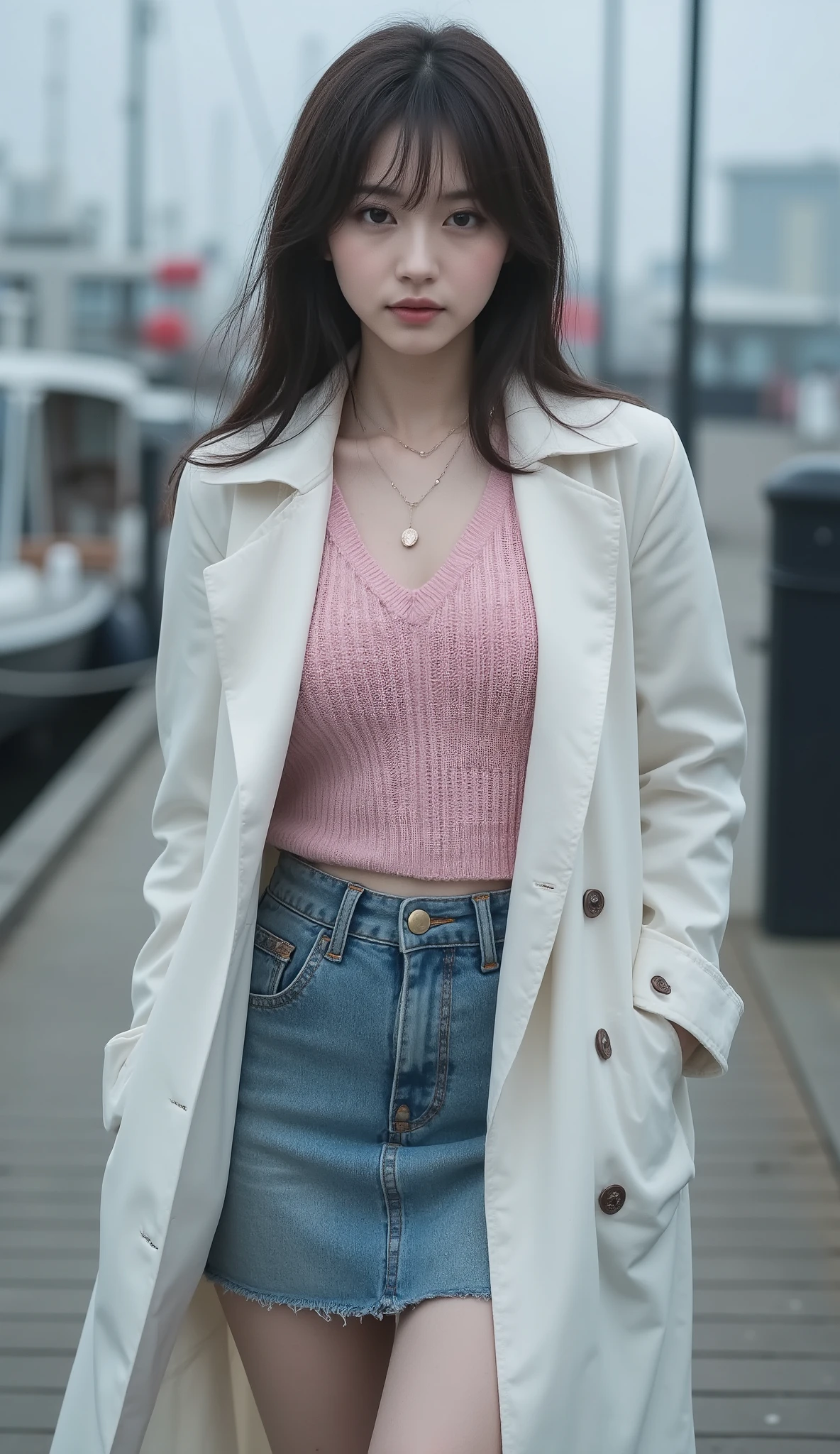 ( 32K High Resolution, Highest Quality, masterpiece, ultra high res), Details on all aspects, Ultimate Perfect Dynamic Composition , mysterious:1.3, Highly detailed skin and facial textures, professional camera work and beautiful focus, Ultra High Accuracy, (fog:0.8, Inaccessible atmosphere:0.9, The woman is wearing a white trench coat and a pink knitted sweater and a denim tight skirt:1.0, Early Autumn Harbor:1.1), small face, sexy face, Old-fashioned, wonderful, tradition, majestic, training, (((big L cup boobs, 55cm waist circumference, 92 cm butt))), Romantic, Artistic, mysterious, Object of praise, original, Dramatic, Innovative, charm, Heartful, gorgeous, sense of loss, Special, exciting, Extreme, Mysterious Symmetry