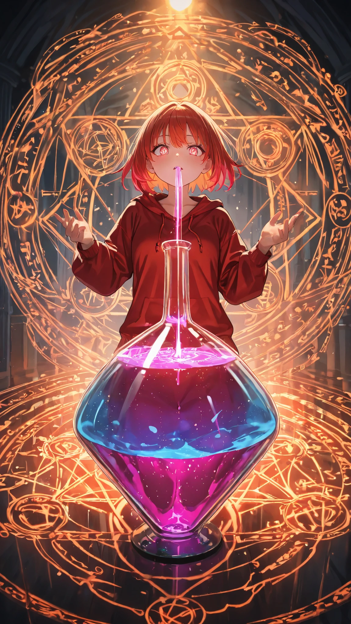  masterpiece, high resolution, Beautiful girl in magic style,  inside a dirty triangular flask, Immersed in liquid, Homunculus,   Magic Circle , hologram,  perfect beautiful girl ,  red clothes, Illuminated from within,  colorful image of a glowing woman in the glass continuing to stare at the viewer , Laughter,  3d rendering , perspective,  is amazing画像,  Impressive lighting,  is amazing, Dangerous, monstrous