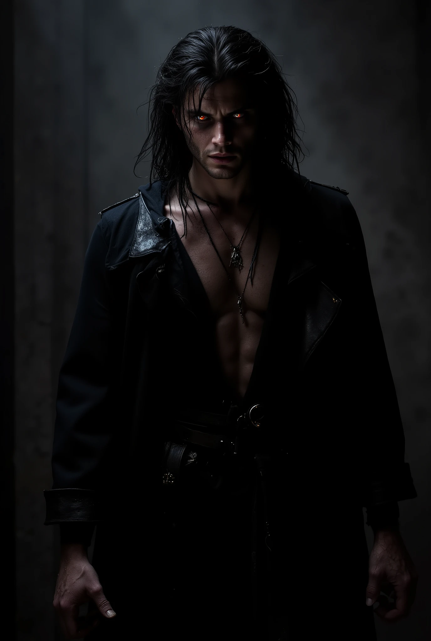 (masterpiece:1.2), (best quality:1.2), 8k, HDR, ultra detailed, ((photorealistic)), professional light, cinematic lighting, fashion photography, ambient lighting, background, a dark medieval castle salon, Darkness, epiCPhoto, moonlight, A slave, Young Jensen Ackles face, Black long hair, cabello descuidado y sucio, barba larga descuidada y sucia, apariencia descuidada y sucia, ojos de un rojo brillante y demoniaco, masculino, manchas de sangre en la ropa, expresión colerica, cuerpo atlético, harapos rasgados, ropa de esclavo sucia, Un aura oscura rodea su cuerpo, un vapor oscuro rodea su cuerpo, un humo negro emana de su cuerpo.