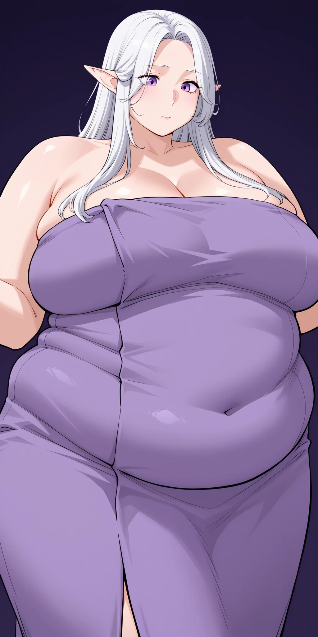 plump,obese,fat,WeightObese,Meature women, Milf, Elf, Witch, Purple colour Eyes, Long White hair in purple grading, Wearing towel, Huge gravity define breasts, dark background 