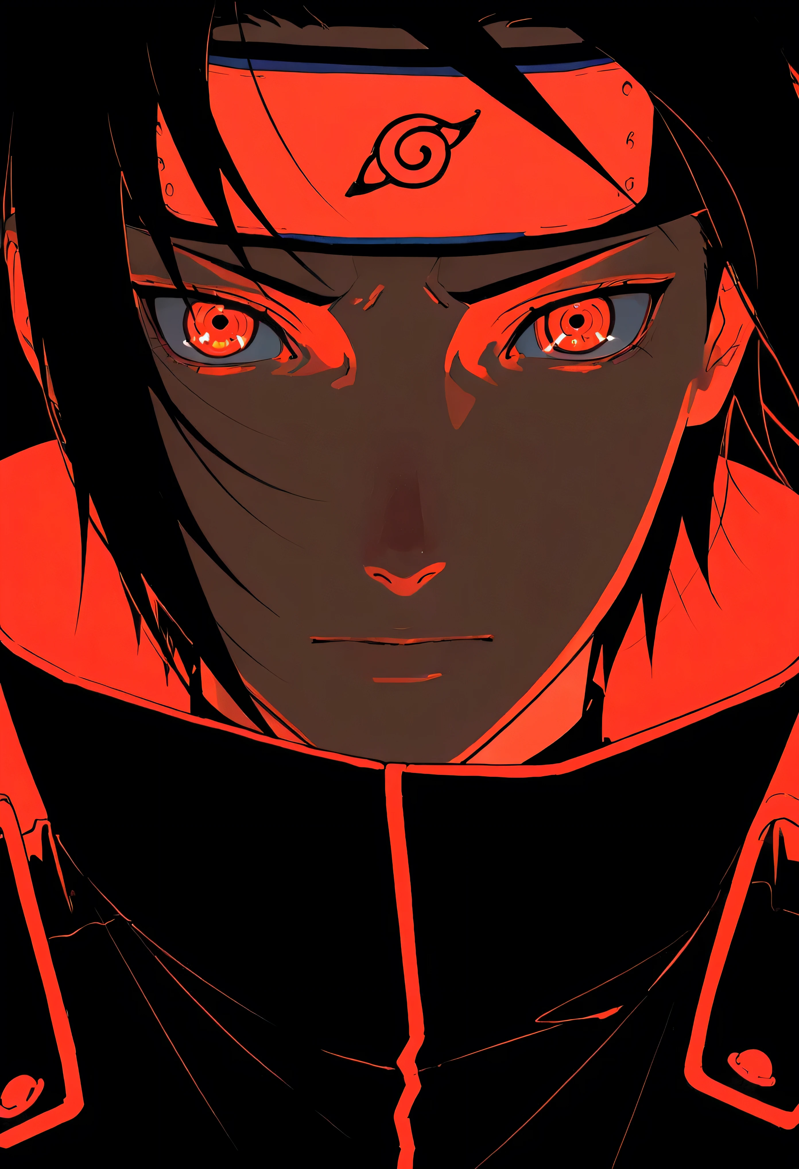 1 male background, Itachi Uchiha (naruto), black hair in military uniform, filter, masterpiece, facial focus, Red eye light, dark background, ninja costume