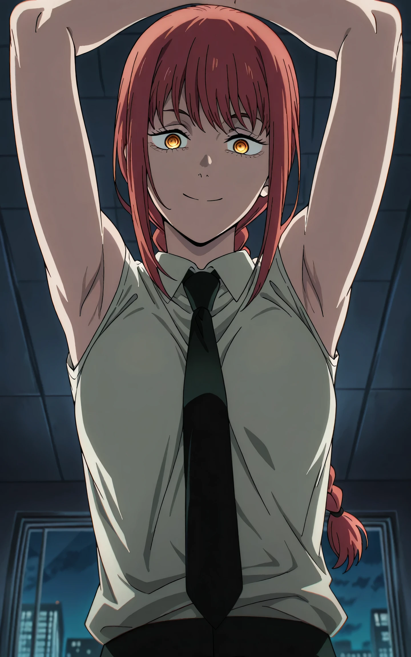 masterpiece, best quality, amazing quality, anime screencap, anime coloring, 1girl, solo, makima_(chainsaw_man), chainsaw_man, red hair, long hair, braided ponytail, sidelocks, yellow eyes, ringed eyes, medium breasts, black necktie, white collared shirt, black pants, sleeveless shirt, bare shoulders, arms up, raised arms, armpits, armpits focus, head towards viewer, looking at viewer, direct eye contact, smile, confident, closed mouth from below, indoors, office, night, low light