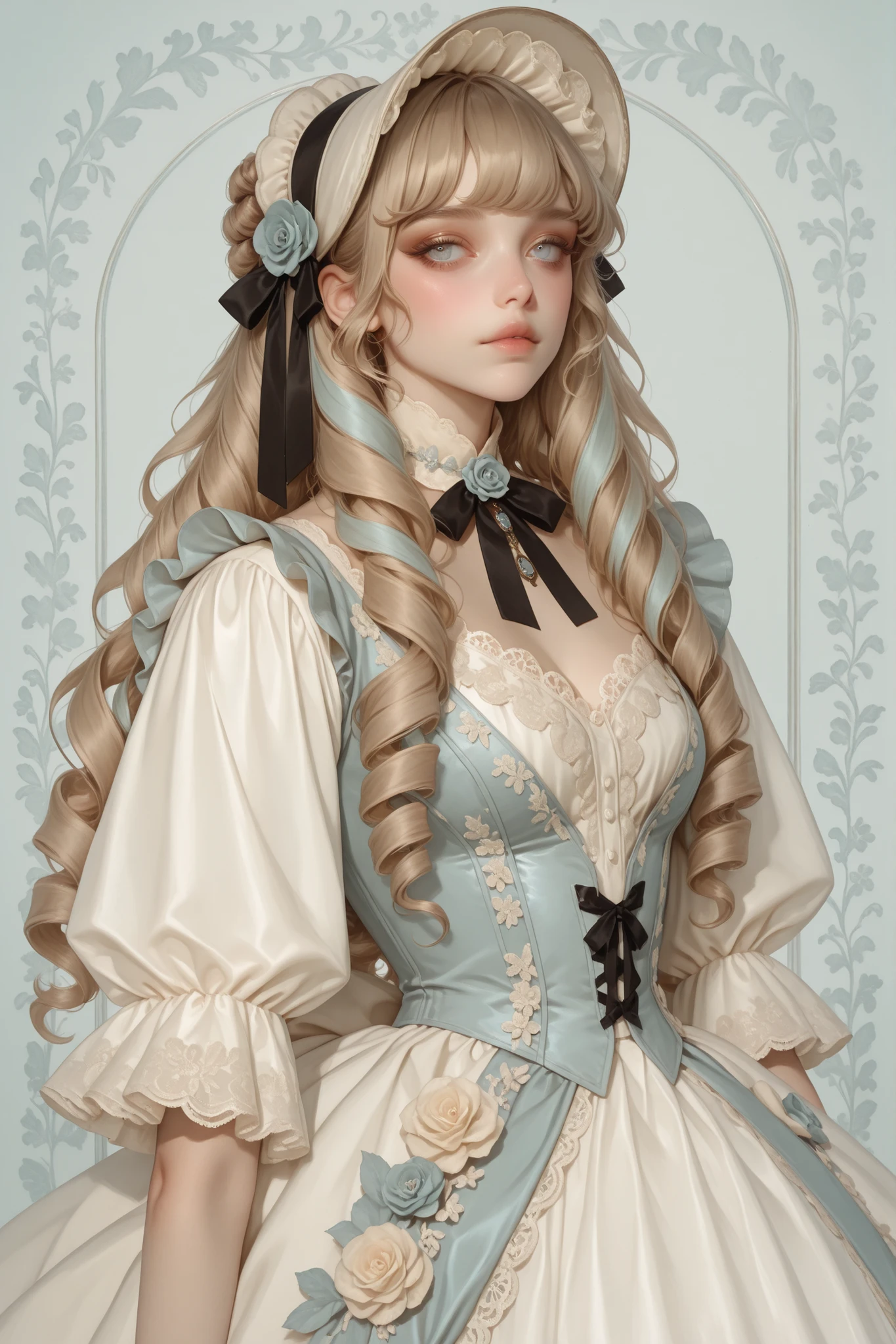Adorable Victorian girl wearing an elaborate Rococo-inspired Lolita dress with layers of cream lace, ruffled tiers, pale blue accents, and black ribbon details. Light brown curled hair styled up in twin ringlets, elegant and dainty, highly detailed