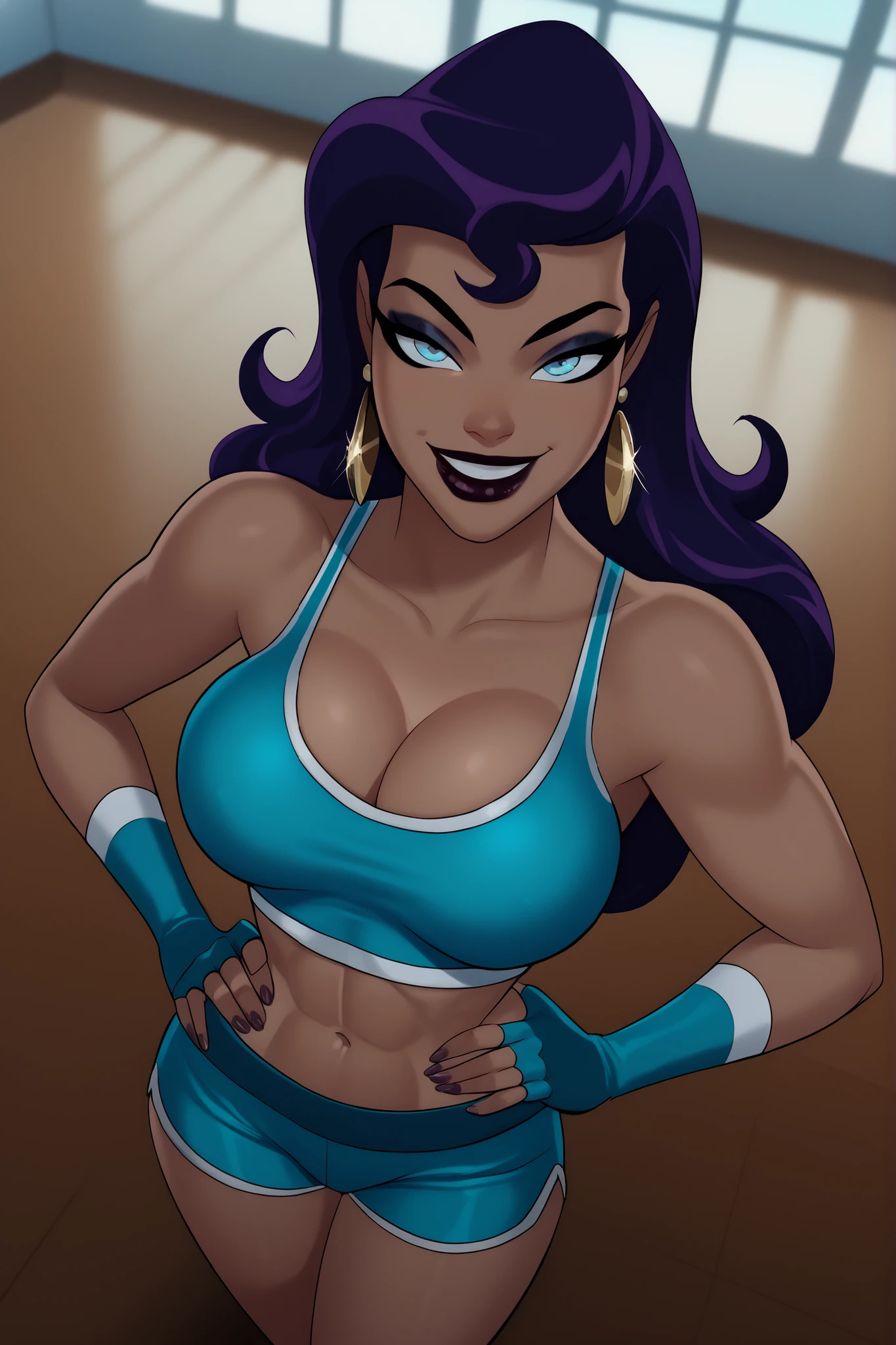 BREAK, score_9, score_8_up, score_7_up, score_6_up, masterpiece, high quality, NorCirce, 1girl, solo, purple hair, long hair, blue eyes, earrings, jewelry, , cleavage, curvy, athletic, dark-skinned female, lipstick, makeup, looking at viewer, seducing viewer, teasing viewer, smile, closed mouth, expression, bedroom eyes, busty, turquoise sports bra, turquoise gym shorts, turquoise fingerless gloves, standing, indoors, gym, portrait, upper body, closeup, high-angle view, dark purple eyeshadow, hands on waist