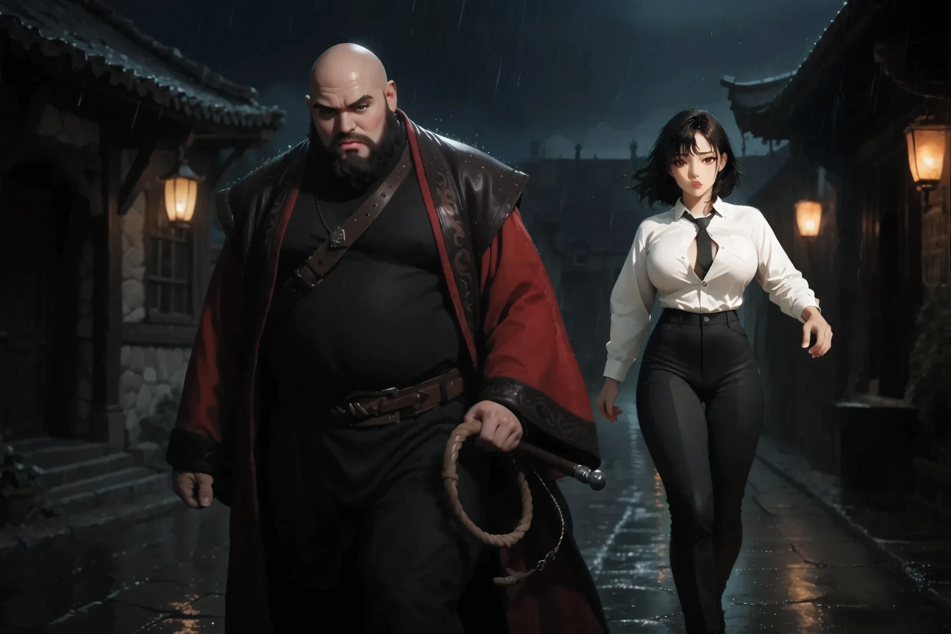 In the foreground is a bald, fat, vile greedy man with caricatured big cheeks looking down with a beard in an aristocratic black and red robe and clutching a long rolled leather spine in his hand.
he is followed in the rain on a wet pavement, K977, (((masterpiece))), (the best quality), (very aesthetic), (bangs), (reddish eyes), (((highest quality))), (high resolution), (best illustration), (anime style), (Detailed and gentle face), (beautiful and tender eyes), (beautiful detailed eyes),( complicated detail ), (highly detailed), (ultra detailed), (ultra-high definition), (extremely detailed CG), (perfect anatomy), (perfect arms), ((perfect fingers)), (perfect legs), ( smooth soft skin ), (cinematic scale), 1 maiden, One, black suit, Open black jacket, black pants, black pants, (black tie:1.3), (видимый black tie), (background tie is clearly visible over the shirt), (tie over the chest), , the white formal shirt is fully buttoned, (tight, but not up to the break), (buttoned uniform:1.3), melancholic facial expression, sneaks, against the background, old houses.
it's raining heavily. Night. dark, Dark frame. Dark style.смотрит на аристократа преследует и кругом мрачно и очень dark. rare torches on houses.
the gloomy wet pavement below, around ancient Chinese medieval houses.
it's raining heavily. Night. dark, Dark frame. Dark style.