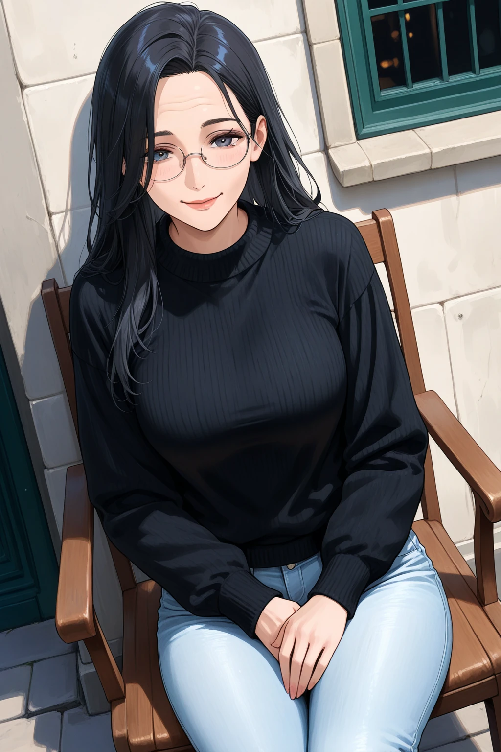 glasses plain long straight black Messy hair girl,Sulky face,plain long skirt,plain ,hunched back,dutch angle,from above,sitting on the bench,big ,holding a plain bag