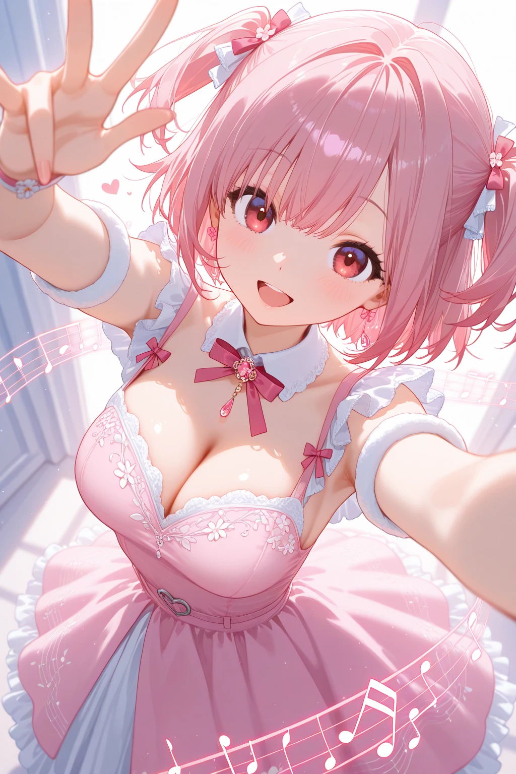 One Girl、Looking at the audience、lovely,
Beautiful pink eyes、short twin tail hair , Mole under the eye、Plump and glossy lips、Heart-shaped choca、Idol、Her name is Rico,smile、ー、。.。.。.。.。.。.。.。.。.。.。.。.。.。.。.。.。.。.3D、Realistic、
The idol's costume was soaked in the heavy rain, and her  was wet and transparent.Heavy rain at outdoor concert, Drape clothes、gem、The decoration has been removed、Floral、Lace trim,On a glittering stage、
masterpiece、highest quality、8k、Detailed skin texture、Detailed cloth texture、Beautifully detailed face、Intricate details、Very detailed、
超A high resolution、8k Ultra HD、Film Grain、Best Shadow、delicate、Gazing at the audience、front