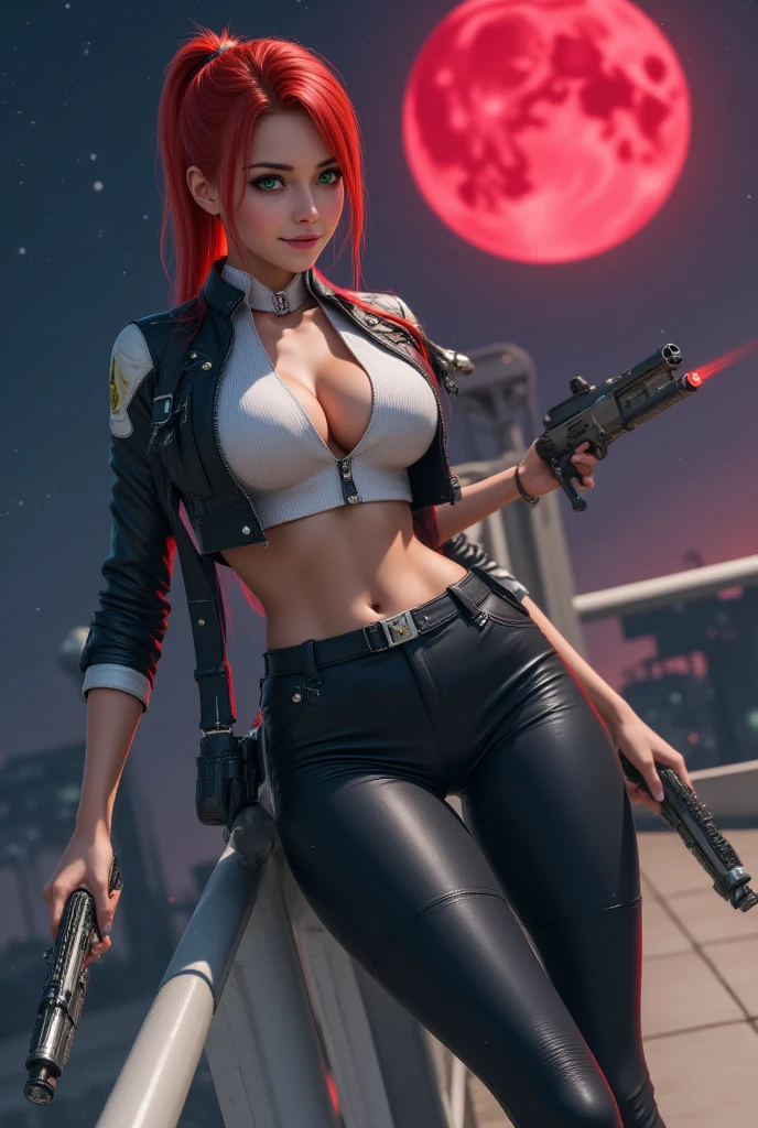 sfw, best quality, masterpiece, cinematic, realistic, cyberpunk, cyberpunk city, neon, volumetric lighting, black sky, (raining, thunderstorm), 1girl, (cyberpunk clothing, hoodie, pants, punk clothelowing red hair), water reflecting off ground, , ((hidden face)),, wearing bra,((skinny waist)), young asian girl, ((big )),