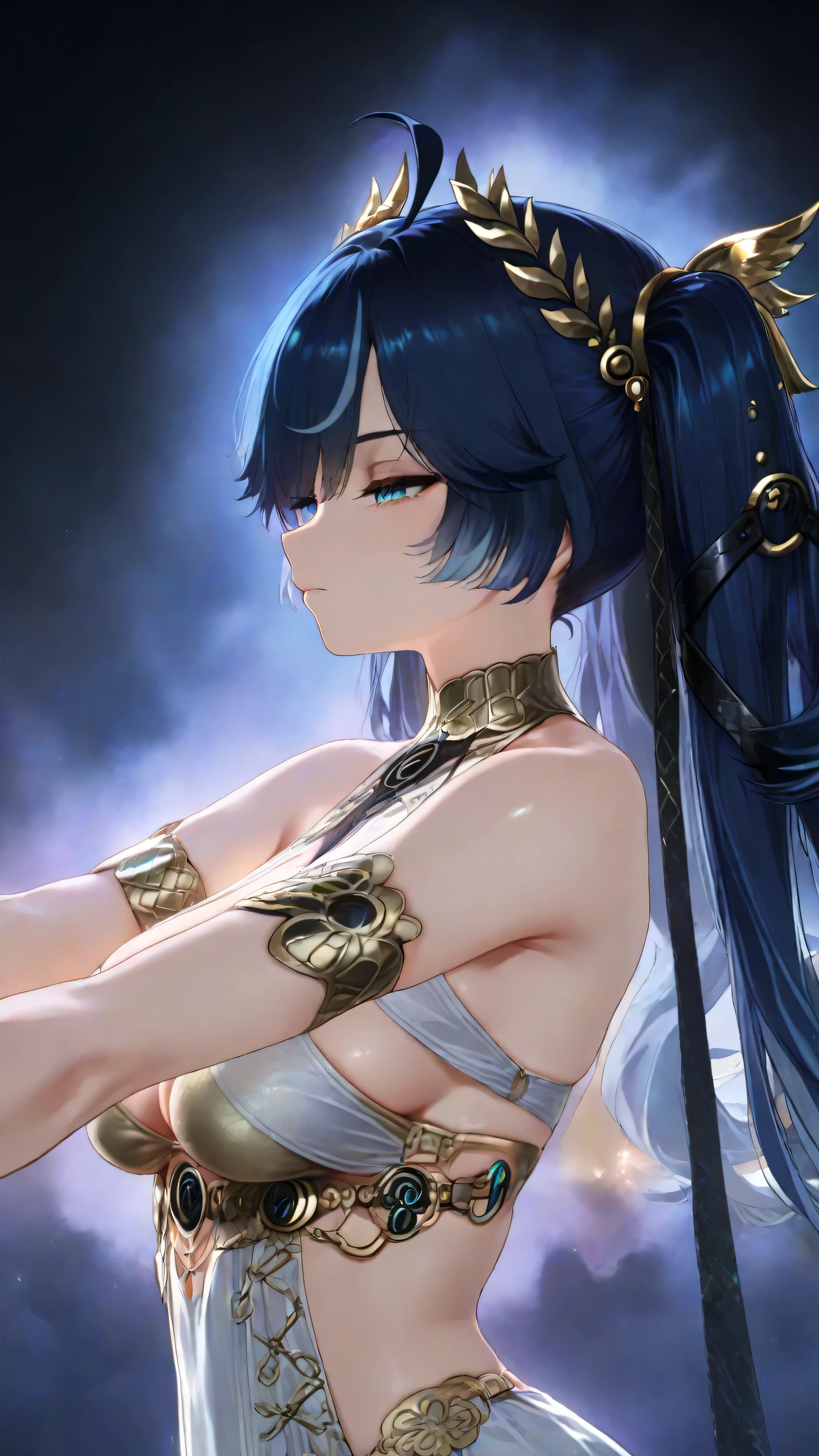 Masterpiece, best quality, amazing quality, anatomically correct, 1girl, solo, (((Iuno from wuthering waves))), blue eyes,dark blue hair, twintails, long hair, beautiful face, solo, dark, profile, sidelighting, ahoge, head wreath, hair belt, hair ornament, 1girl, solo, white dress,bare shoulders,ahoge,gold hair ornaments, single detachable sleeve, gold bracelets, golden armlets, cleavage cutout, golden bandeau, medium breast, shiny skin, close-up, masterpiece, best quality, good quality, blue flower, masterpiece, best quality, newest, absurdres, highres, half closed eyes, upper body, fantasy world, dark cloud, closed mouth, dark sky, look into the distance, stretch one's arms, arms down, outstretched hand, spread arms, a ray of light in the darkness, ((compassionate light)), mystical aura, colored lighting, volume lighting, effect, professional view, professional framework, dramatic lighting, particles, under lighting, intense lighting, zoom layer, have one's back, front angle, facing viewer,