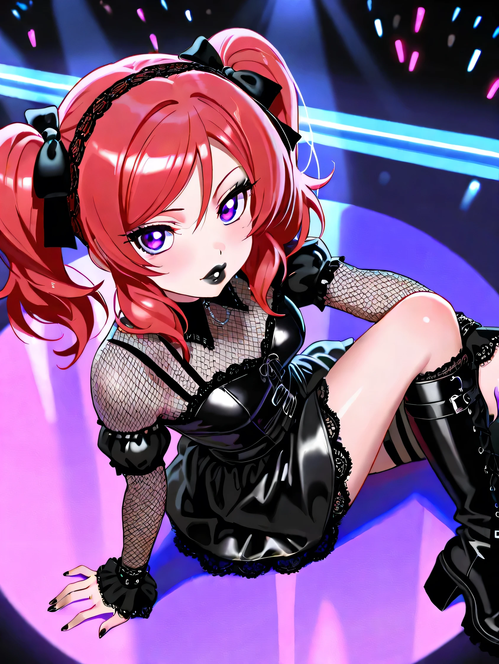 Beautiful Shape, best quality, incredibly detailed, magnifique, masterpiece , 1 girl, alone, Maki Nishikino, Purple Eyes, fox paws, comforter hairdo, multicolored hair, black hair end, focusing on style elements, provide a vivid description, colors, Consider typical goth fashion components such as dark colors {x} Consider typical goth fashion components such as dark colors {x} Consider typical goth fashion components such as dark colors {x} x} suitable for occasions like nightclub outings {x} imaginative representation that would help someone clearly visualize the outfit {x} and accessories that embody the Gothic aesthetic while maintaining a sexy appeal. Consider typical goth fashion components such as dark colors (noir, deep purple, red), lace, add, Corsets, fishing net details, necklaces , Boots, and makeup. provide a vivid description, Consider typical goth fashion components such as dark colors, Create a detailed description of a sexy gothic outfit, , or gothic events, gothic makeup, noir lipstick, noir eyelashes, full lips