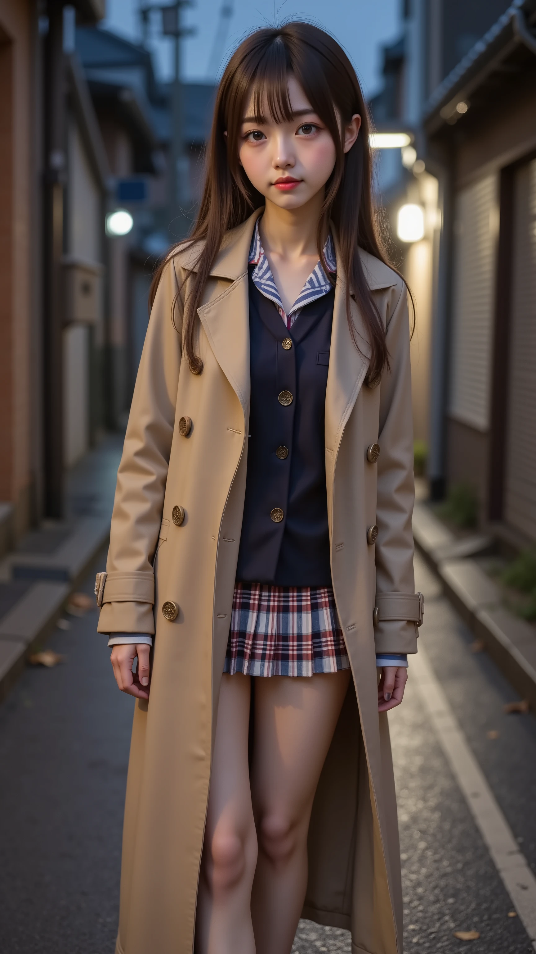 (Female middle school student, (wearing a very cute and long trench coat over a uniform:1.2)), ((Babyface:1.5, 幼い顔:1.5, 14-year-old face:1.5)), Open Court, slender body, Beautiful Breasts, Tight Waist, short pleated skirt, ((thin thighs, Beautiful legs)), ((large breasts:1.3)), back alley at night, Street lamp, Natural lighting, Dangerous Night Road, ((女子高の制服, ネクタイ, シャツ)), ((全身)), ローファー, ((雨で濡れた路地))