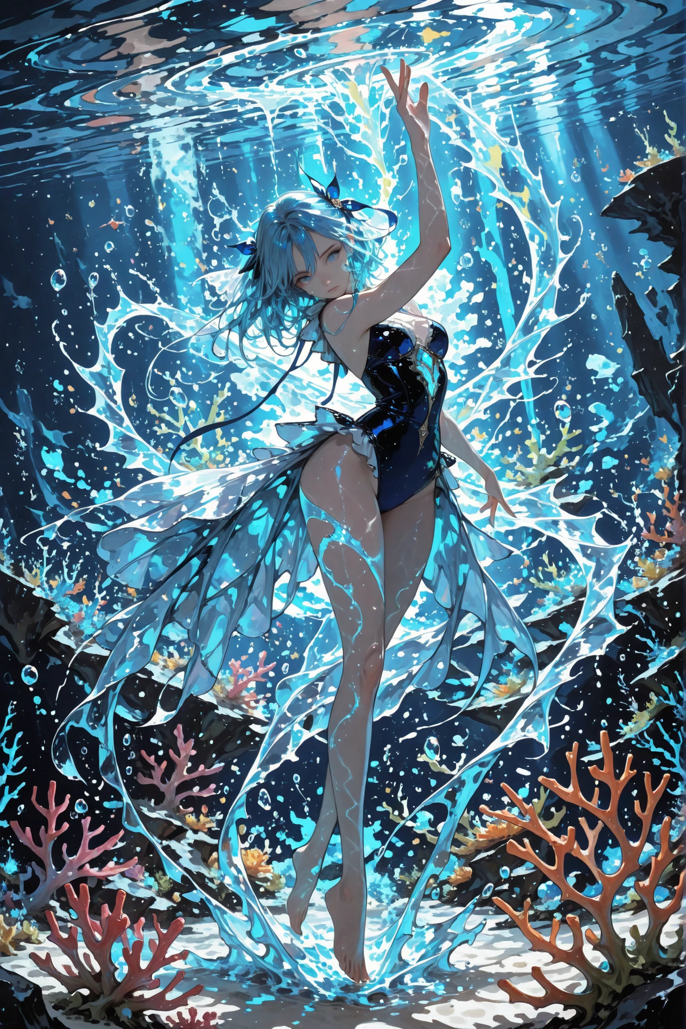1girl, gem, beautiful blue hair, Ribbons in Hair,deep blue eyes, dance, water bender, she rules the water, Creates a glowing water vortex ,
, fantasy underwater background, fantasy underwater creatures in the background, glowing coral in the background,
masterpiece,Highest Quality,amazing quality,very aesthetic,absurd,Newest,