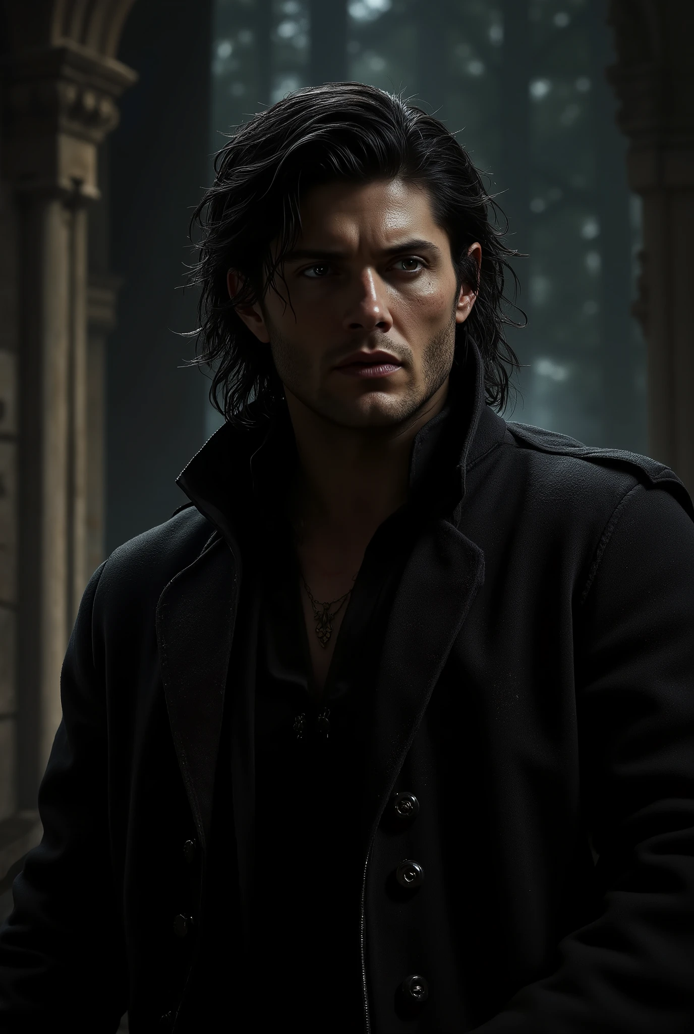 (masterpiece:1.2), (the best quality:1.2), 8K, HDR-10, ultra detailed, ((photorealistic)), professional light, cinematic lighting, fashion photography, ambient lighting, bottom, a dark medieval castle hall, darkness, epiCPhoto, moonlight, a slave, Face of a young Jensen Ackles, long black hair, unkempt and dirty hair, a long unkempt and dirty beard, unkempt and dirty appearance, eyes of a bright and demonic red, Male, bloodstains on his clothes, angry expression, athletic body, ragged rags, dirty slave clothes, A dark aura surrounds his body, a dark vapor surrounds his body, a black smoke emanates from his body. 