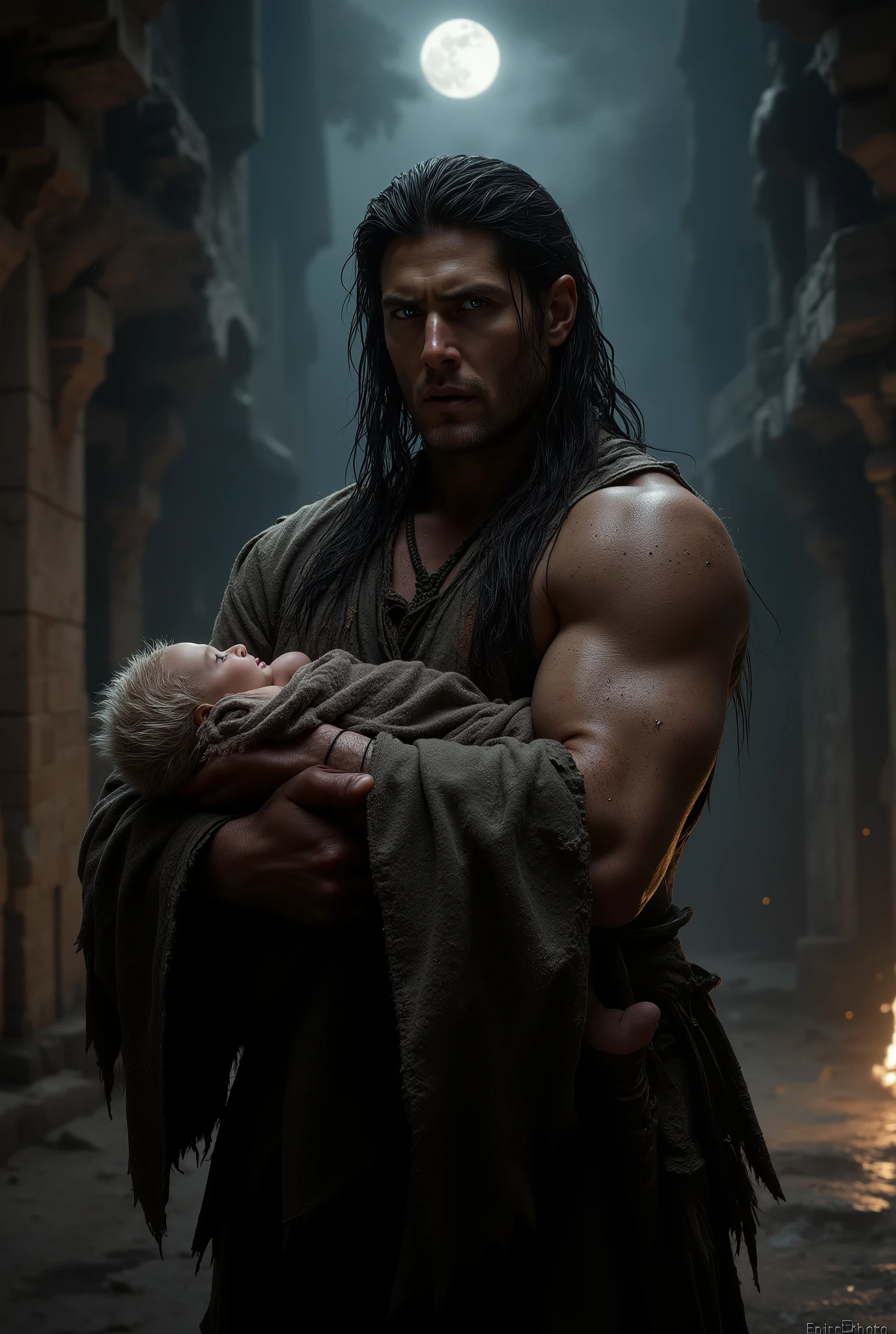 (masterpiece:1.2), (the white hooded t-shirt:1.2), 8K, HDR-10, ultra detailed, ((photorealistic)), professional light, cinematic lighting, fashion photography, ambient lighting, bottom, street of a medieval city at night, The Moon in the Air, epiCPhoto, moonlight, a slave, Face of a young Jensen Ackles, long black hair, unkempt and dirty hair , long, unkempt and dirty beard, unkempt and dirty appearance, black eyes, eyes, bloodstains on his clothes, angry expression, athletic body, ragged rags, dirty slave clothes, carrying a baby in his arms, White-haired baby, wrapped in a blanket.