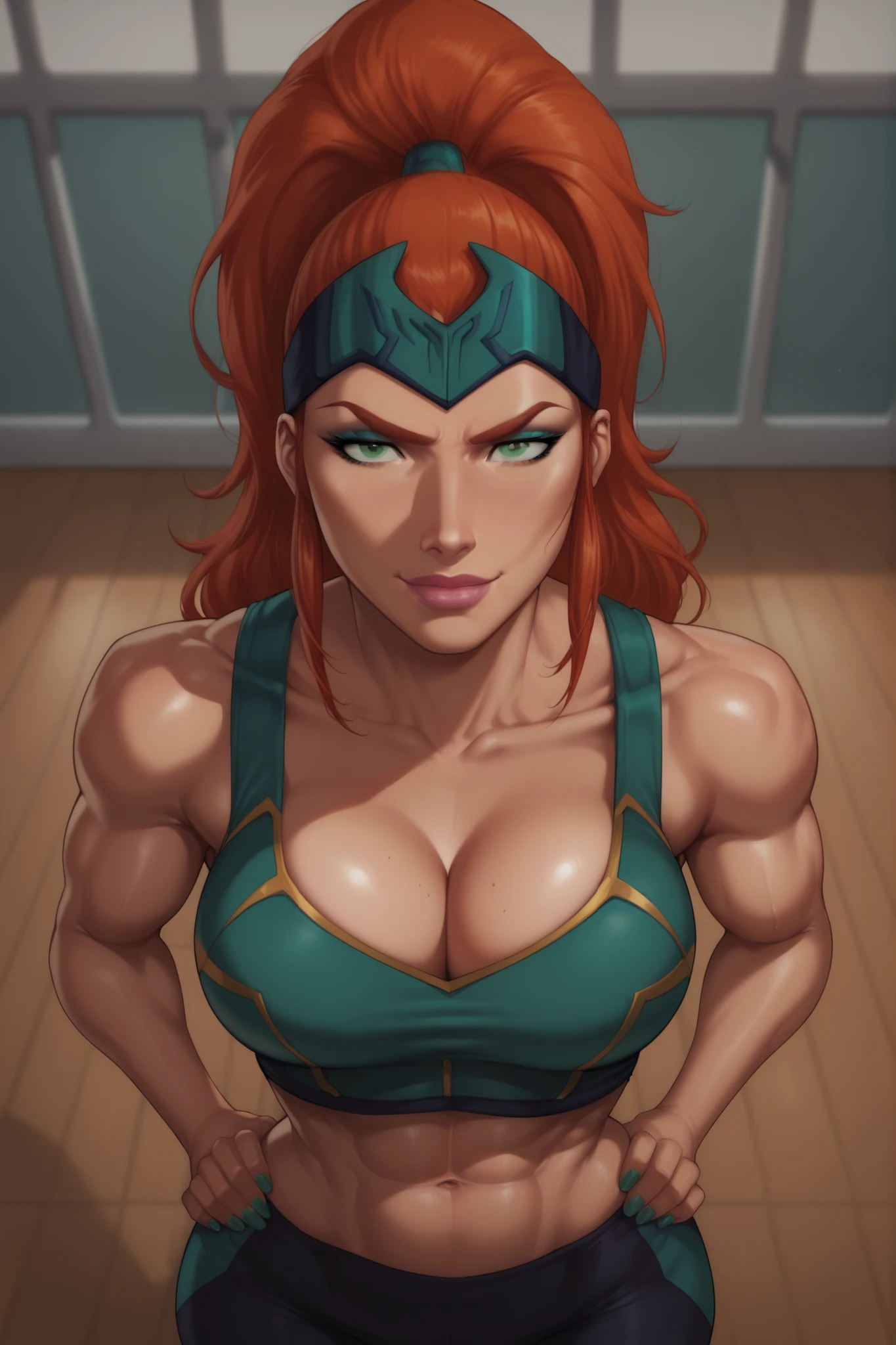 BREAK, score_6_up, score_9, score_8_up, score_7_up, high quality, masterpiece, Mera, 1girl, solo, forehead protector, green eyes, red ginger hair, high ponytail, muscular female, large breasts, cleavage, curvy, athletic, long hair, hair pulled back, pink lipstick, makeup, looking at viewer, seducing viewer, teasing viewer, smile, closed mouth, seductive expression, bedroom eyes, busty, turqouise sports bra, turquoise gym shorts, indoors, gym, standing, portrait, upper body, closeup, high-angle view, aqua blue eyeshadow, hands on waist