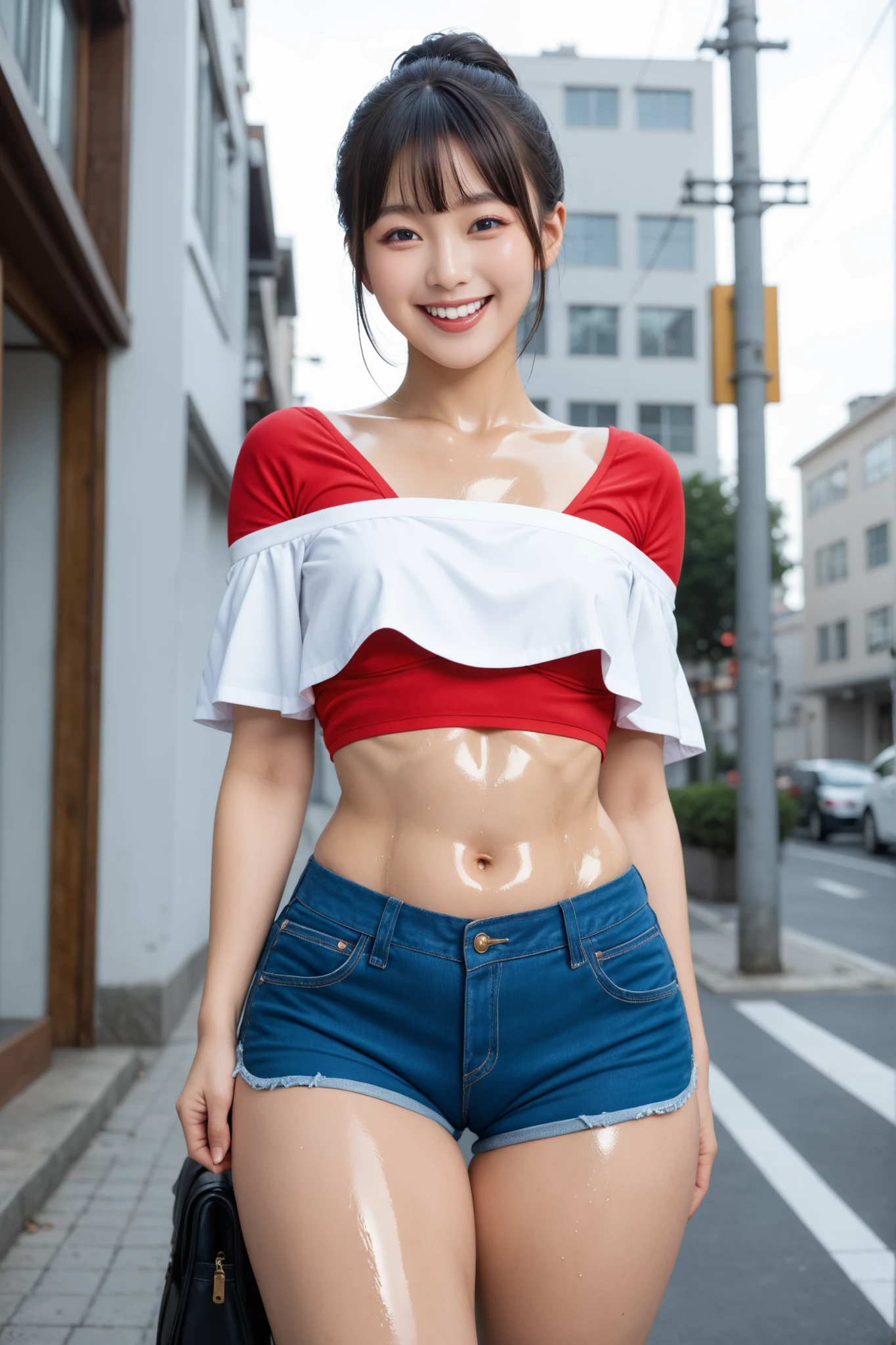 score_9, score_8_up, score_7_up, score_6_up, score_5_up, score_4_up, source_anime, Tag 1 , Tags 2 , Quality_masterpiece, anatomically accurate, 20 year old girl, beautiful faces, perfect face, 非常に詳細でbeautiful facesと目, attractive face on the back, detailed face, delicate facial features, Woman Standing in Front, Perfect Eyes, Thin Waist, thighsが細い, Thin Waist, curvy, (oiled body :1.2), Lashes, dark eyes, makeup, short black hair with waist、with bangs, has a seductive smile, ((white sleeveless off-shoulder for one middle school student and one person、, Blue Denim Super Low Rise Shorts, flat chest, Underboob, Belly Out , Exposing your belly, thighs)), standing, sexy pose, street, sunny day, ((Laughing Smile )), Front view cowboy shot:1.4