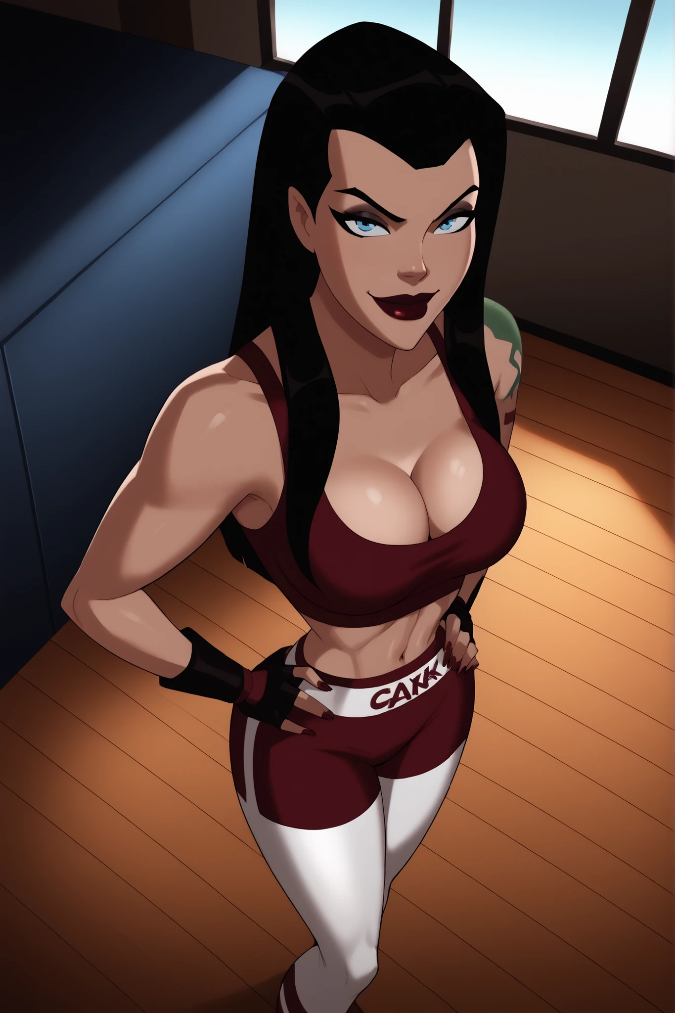 BREAK, score_9, score_8_up, score_7_up, score_6_up, Roulette, 1girl, solo, black hair, blue eyes, long hair, lipstick, makeup, large breasts, cleavage, curvy, athletic, shoulder tattoo, thigh tattoo, looking at viewer, seducing viewer, teasing viewer, smile, closed mouth, seductive expression, bedroom eyes, busty, dark red sports bra, dark red gym shorts, dark red fingerless gloves, indoors, gym, standing, portrait, closeup, upper body, high-angle view, black eyeshadow, hands on waist