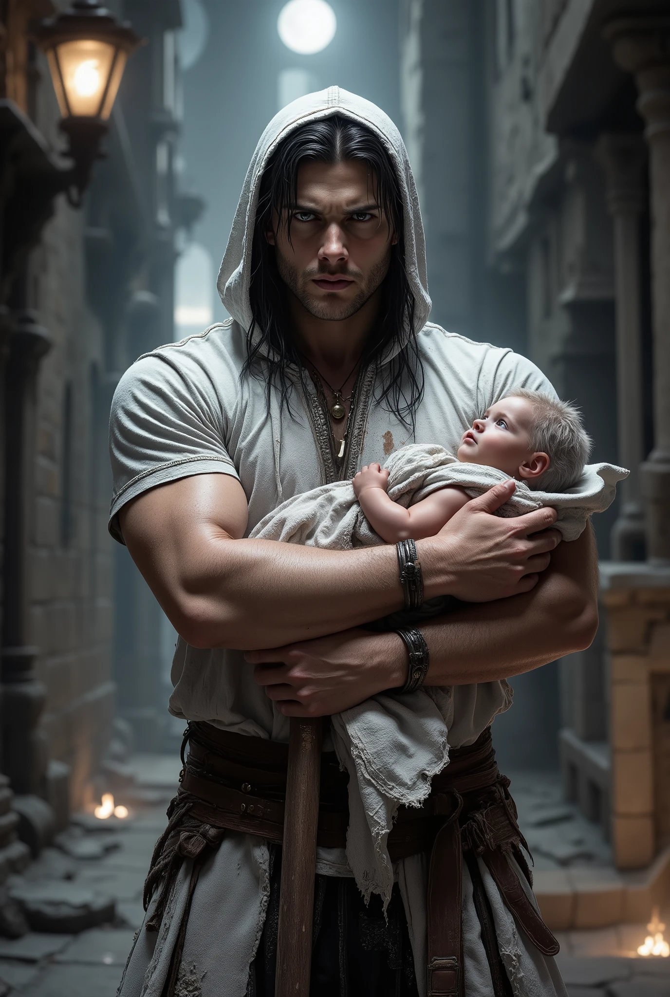 (masterpiece:1.2), (the white hooded t-shirt:1.2), 8K, HDR-10, ultra detailed, ((photorealistic)), professional light, cinematic lighting, fashion photography, ambient lighting, bottom, street of a medieval city at night, The Moon in the Air, epiCPhoto, moonlight, a slave, Face of a young Jensen Ackles, long black hair, unkempt and dirty hair , long, unkempt and dirty beard, unkempt and dirty appearance, black eyes, eyes, bloodstains on his clothes, angry expression, athletic body, ragged rags, dirty slave clothes, carrying a baby in her arms, White-haired baby, wrapped in a blanket. detailed hands. ultra detailed hands.