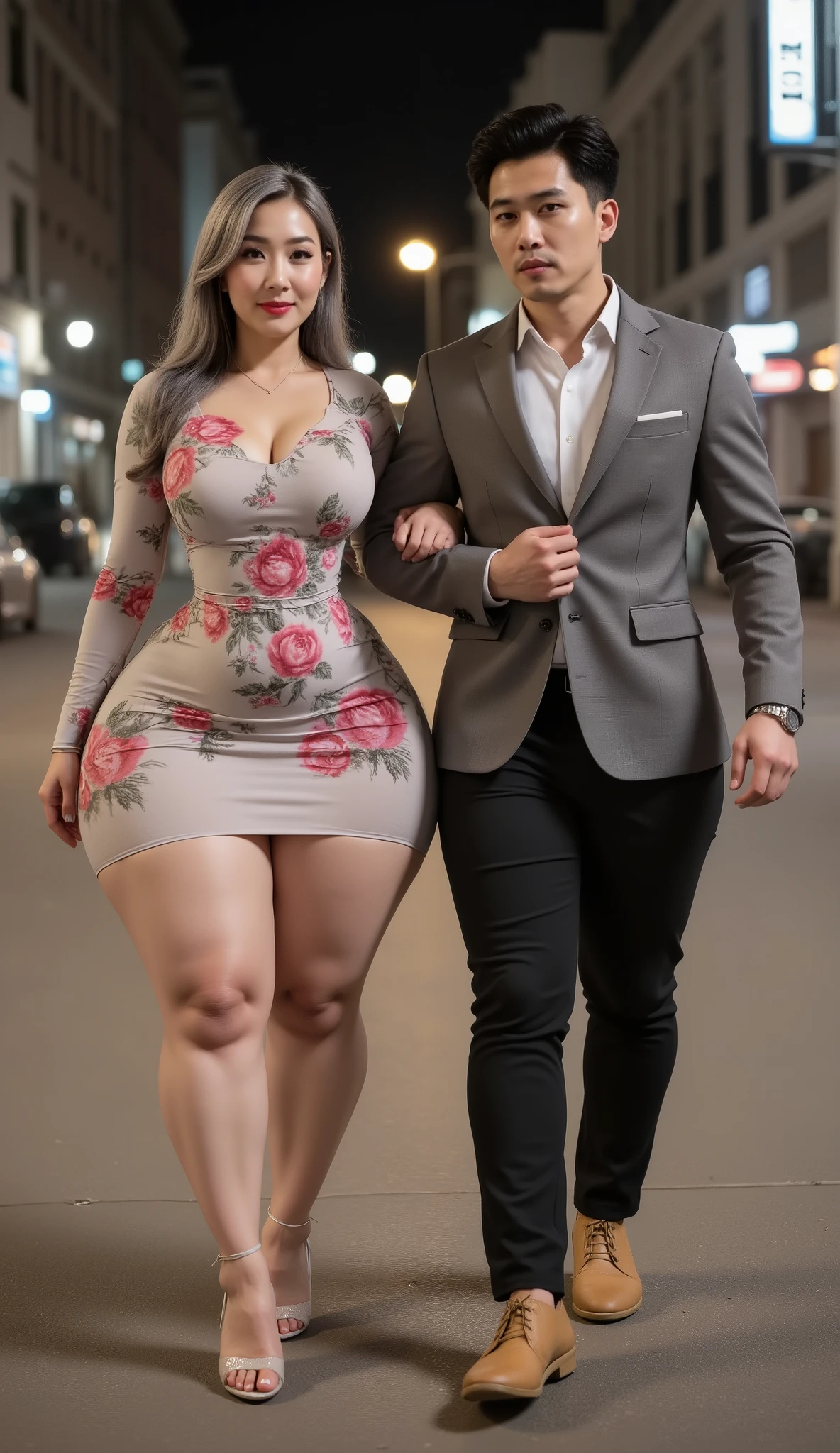 An Asian attractive mature woman with a provocative curvaceous body, is 60 years old and has a figure with prominent curves, a plump with perfect proportions curves, generous curves and plus-size, a body with an hourglass figure, her voluptuous wide hips harmonize with slender wasp waist, with wide legs and wide thighs well-shaped, and her butt in good shape, plump and shaped buttocks. She has characteristics typical of her age, slight wrinkles on her face and gray hair, long hair with an elegant vintage style hairstyle, has beautiful and fine facial features. She wear a short tight floral gown and wears transparent glass heels. She is walking on the trotoar in the city , she is a bride for her young skinny son 20 years old. her young skinny son in a casual suit and black hair, He is next to her and holding her hand, walking on the trotoar in the city at night time, look at camera, he holds her with passion and places his hands close to her buttocks. they was captured is a modern hyperrealistic cinematic style, captured on a full body overview, with hyperrealistic details and good focus quality.